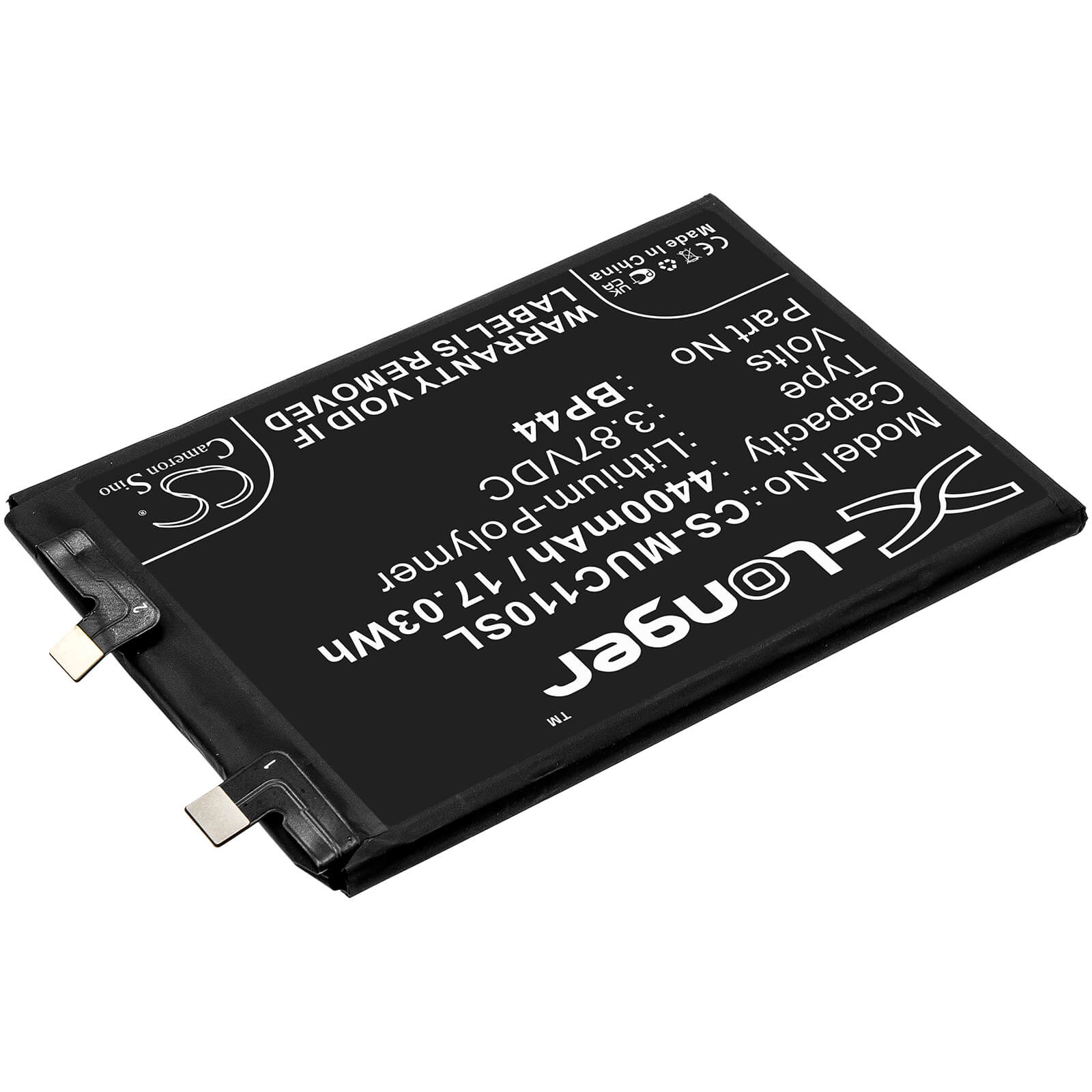 3.87V, 4400mAh, Li-Polymer Battery fits Xiaomi, Cc11, Civi 5g, 17.028Wh