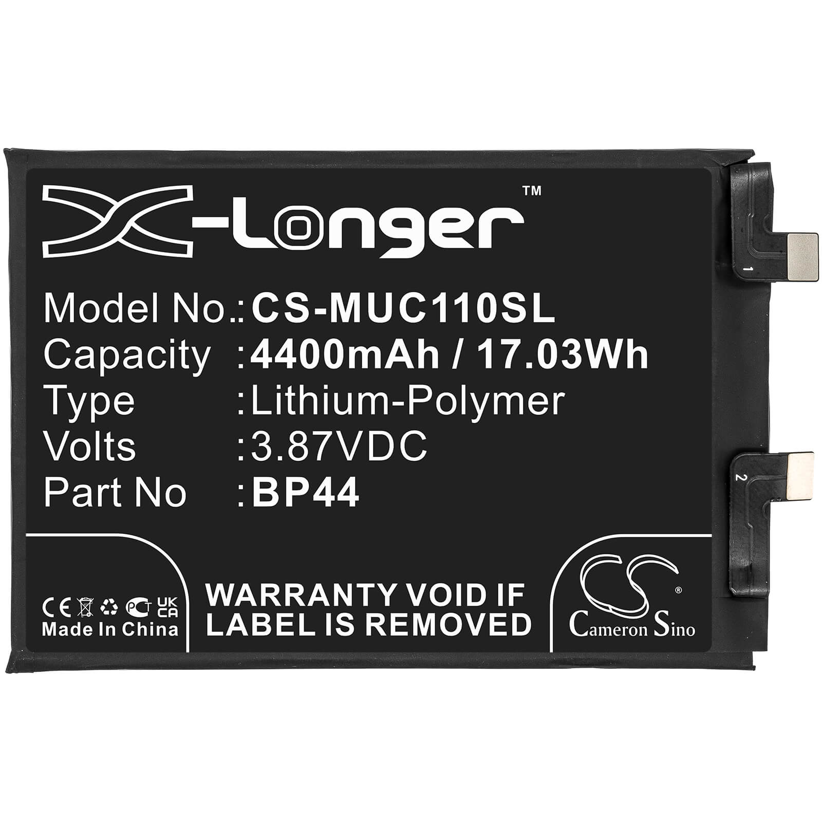 3.87V, 4400mAh, Li-Polymer Battery fits Xiaomi, Cc11, Civi 5g, 17.028Wh