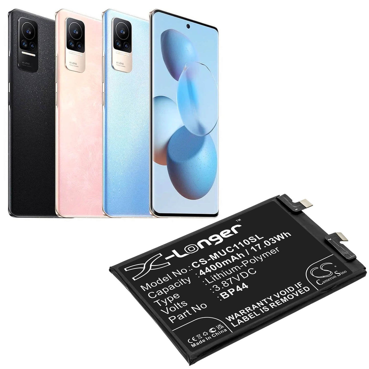 3.87V, 4400mAh, Li-Polymer Battery fits Xiaomi, Cc11, Civi 5g, 17.028Wh