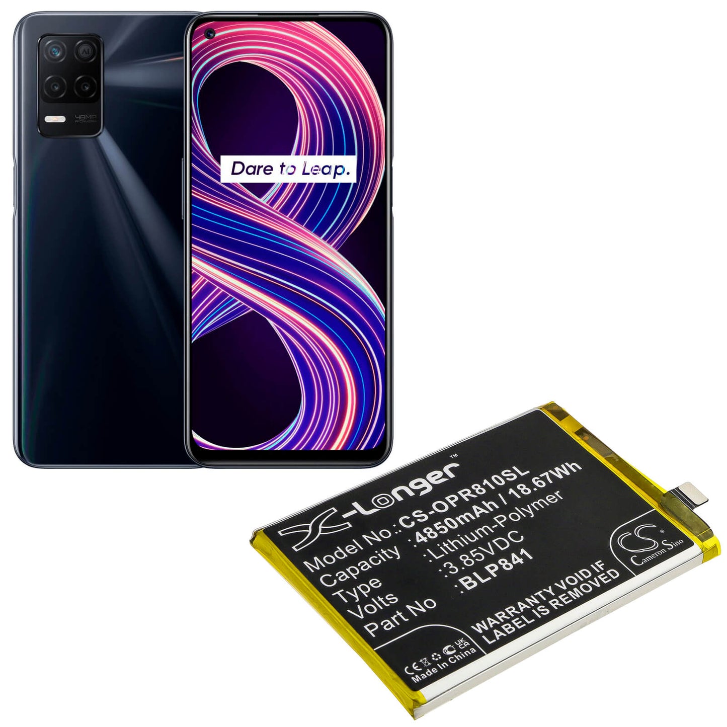 3.85V, 4850mAh, Li-Polymer Battery fits Oppo, Realme 8, Realme Q3, 18.6725Wh