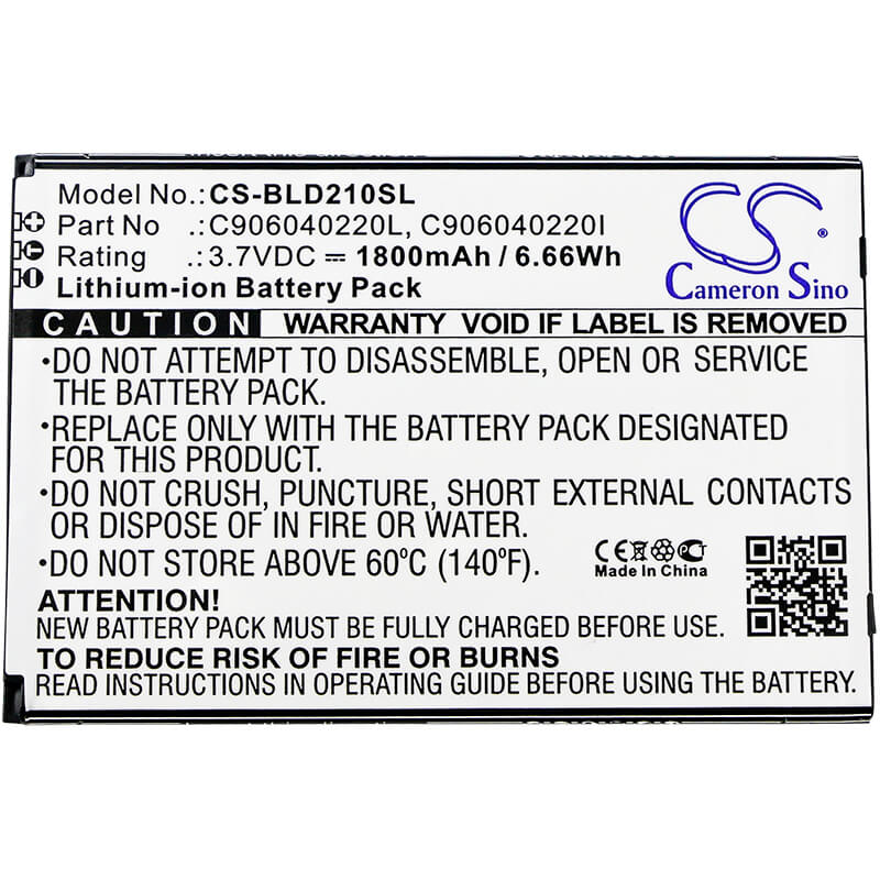 3.7V, 1800mAh, Li-ion Battery fits Blu, D210, D210l, 6.66Wh