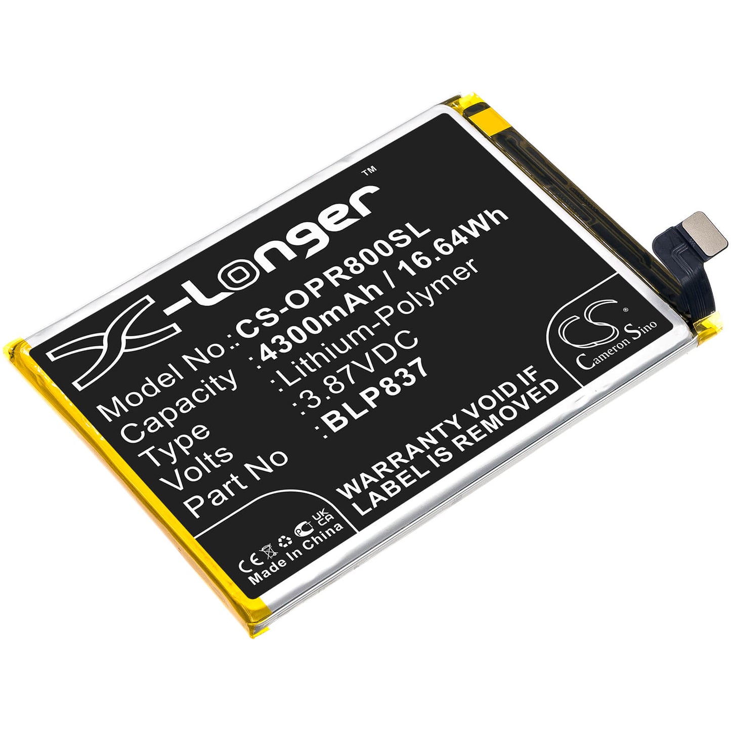 3.87V, 4300mAh, Li-Polymer Battery fits Oppo, Realme 8 Pro, 16.641Wh