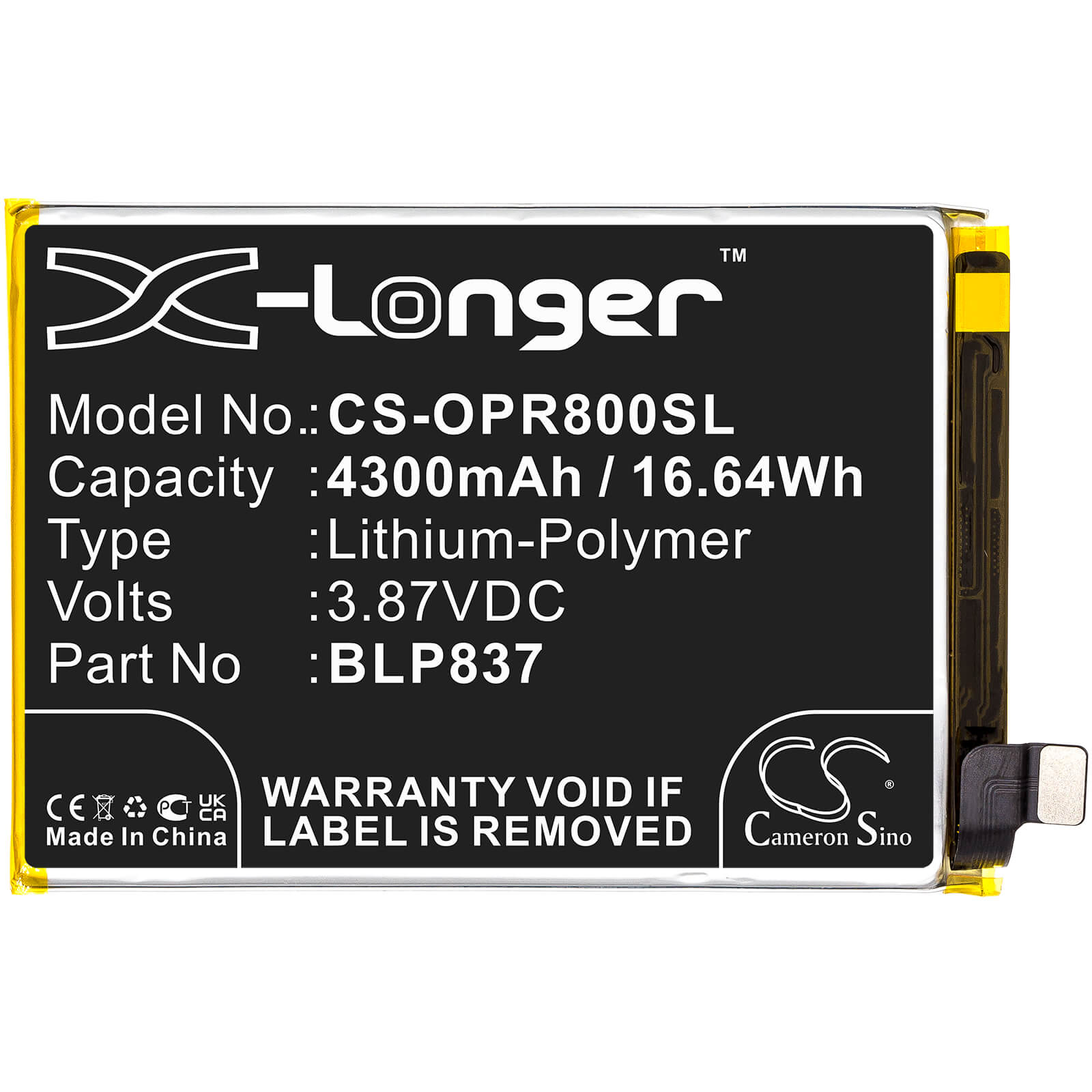 3.87V, 4300mAh, Li-Polymer Battery fits Oppo, Realme 8 Pro, 16.641Wh