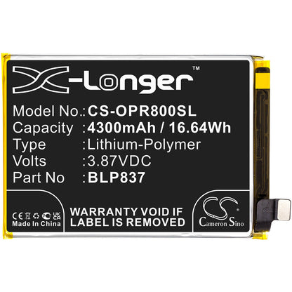 3.87V, 4300mAh, Li-Polymer Battery fits Oppo, Realme 8 Pro, 16.641Wh