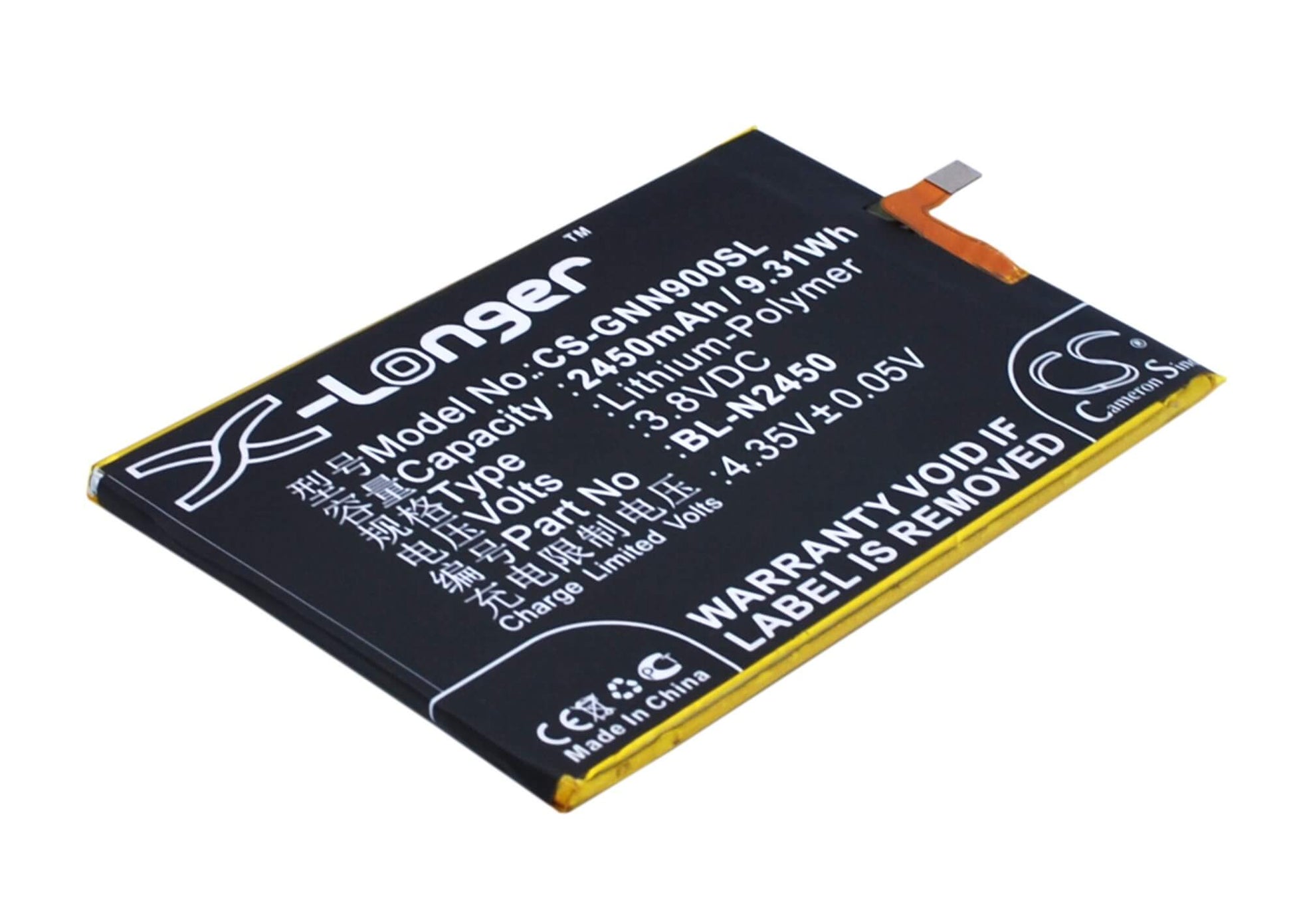 3.8V, 2450mAh, Li-Polymer Battery fits Gionee, Elife S5.5l, Gn9000l, 9.31Wh