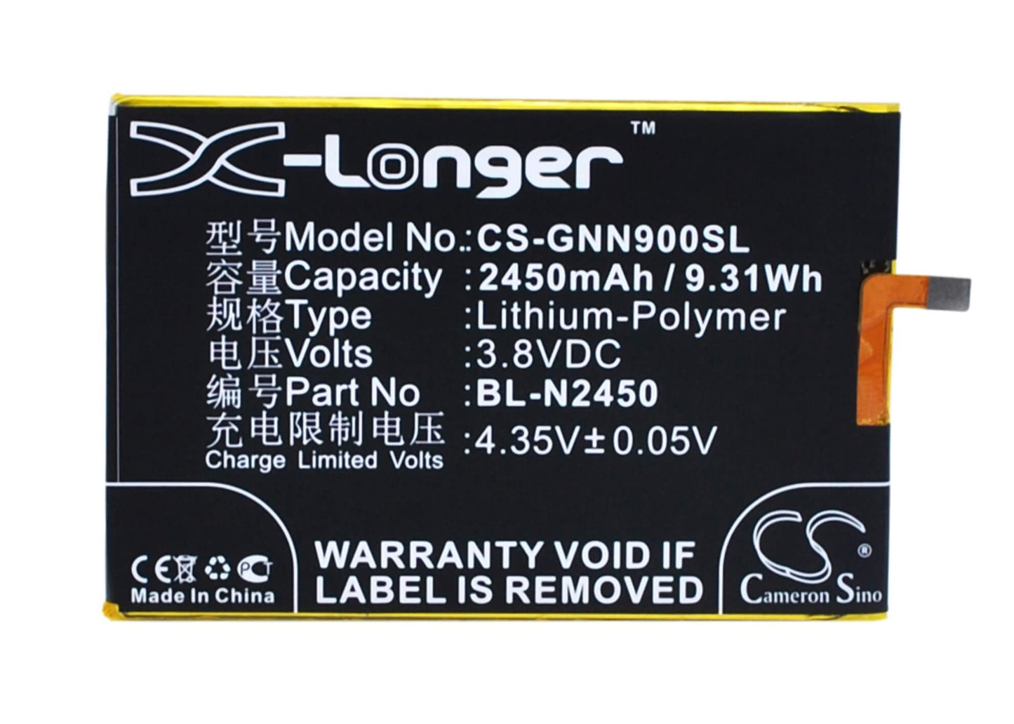 3.8V, 2450mAh, Li-Polymer Battery fits Gionee, Elife S5.5l, Gn9000l, 9.31Wh