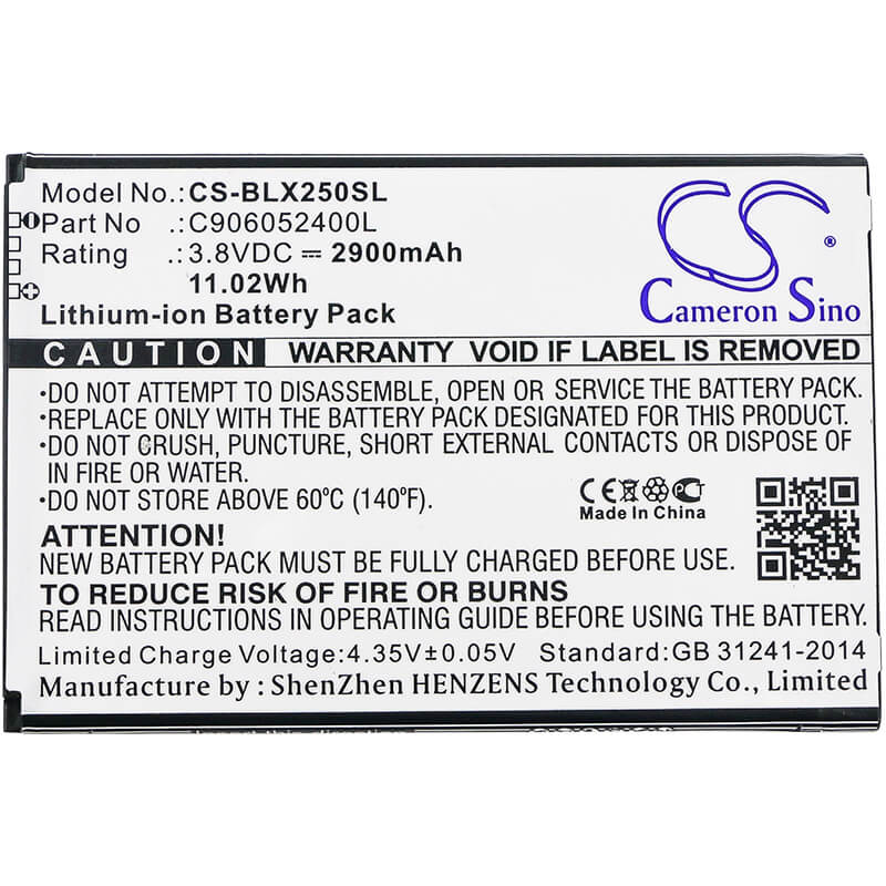 3.8V, 2900mAh, Li-ion Battery fits Blu, E050, E050u, 11.02Wh