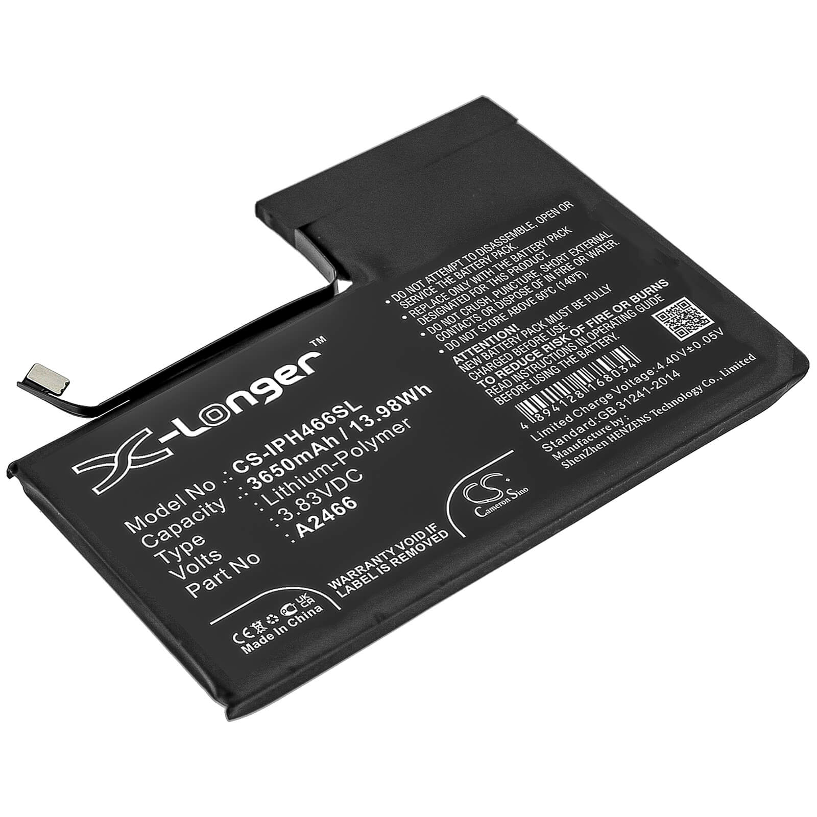 3.83V, 3650mAh, Li-Polymer Battery fits Apple, Iphone 12 Pro Max, 13.9795Wh
