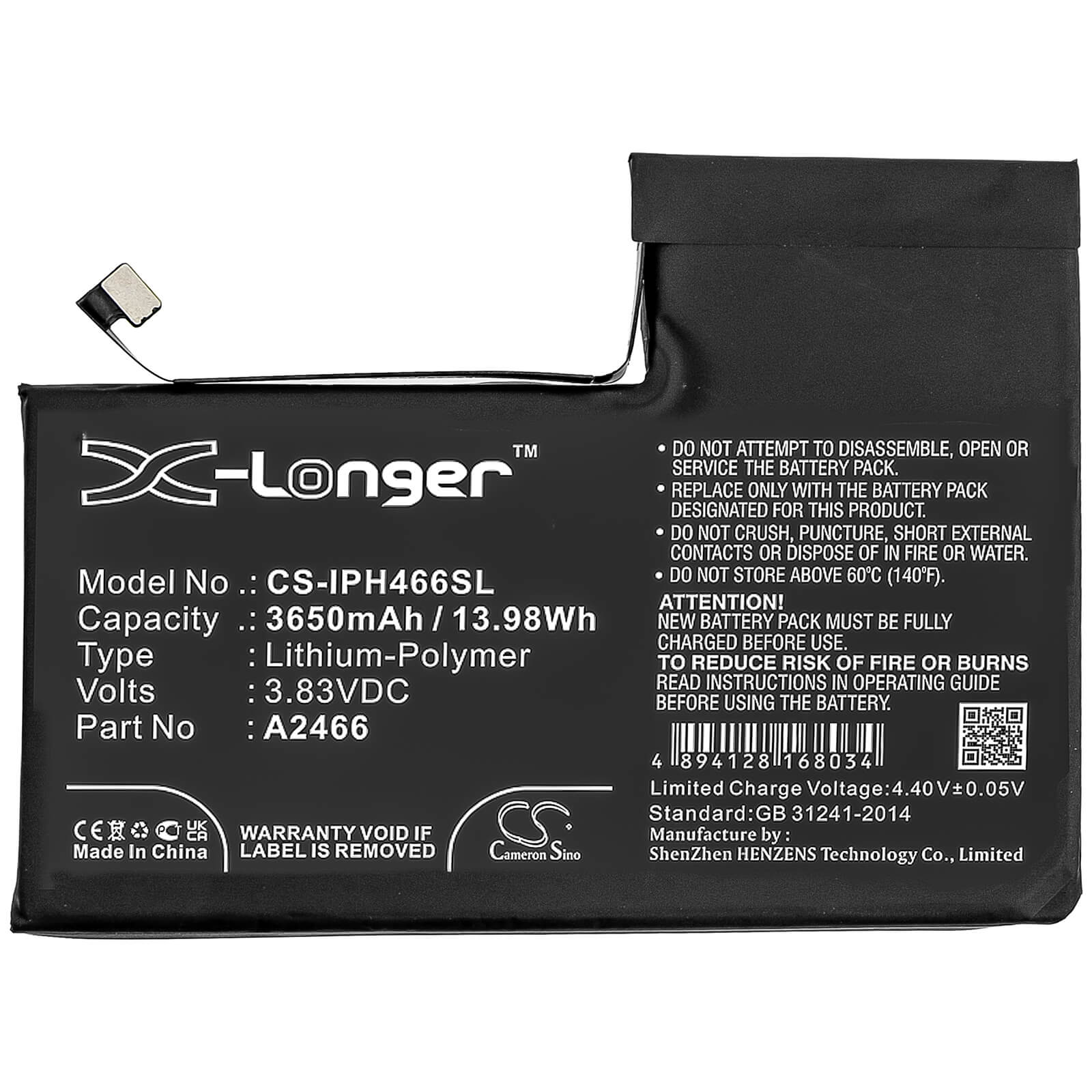 3.83V, 3650mAh, Li-Polymer Battery fits Apple, Iphone 12 Pro Max, 13.9795Wh