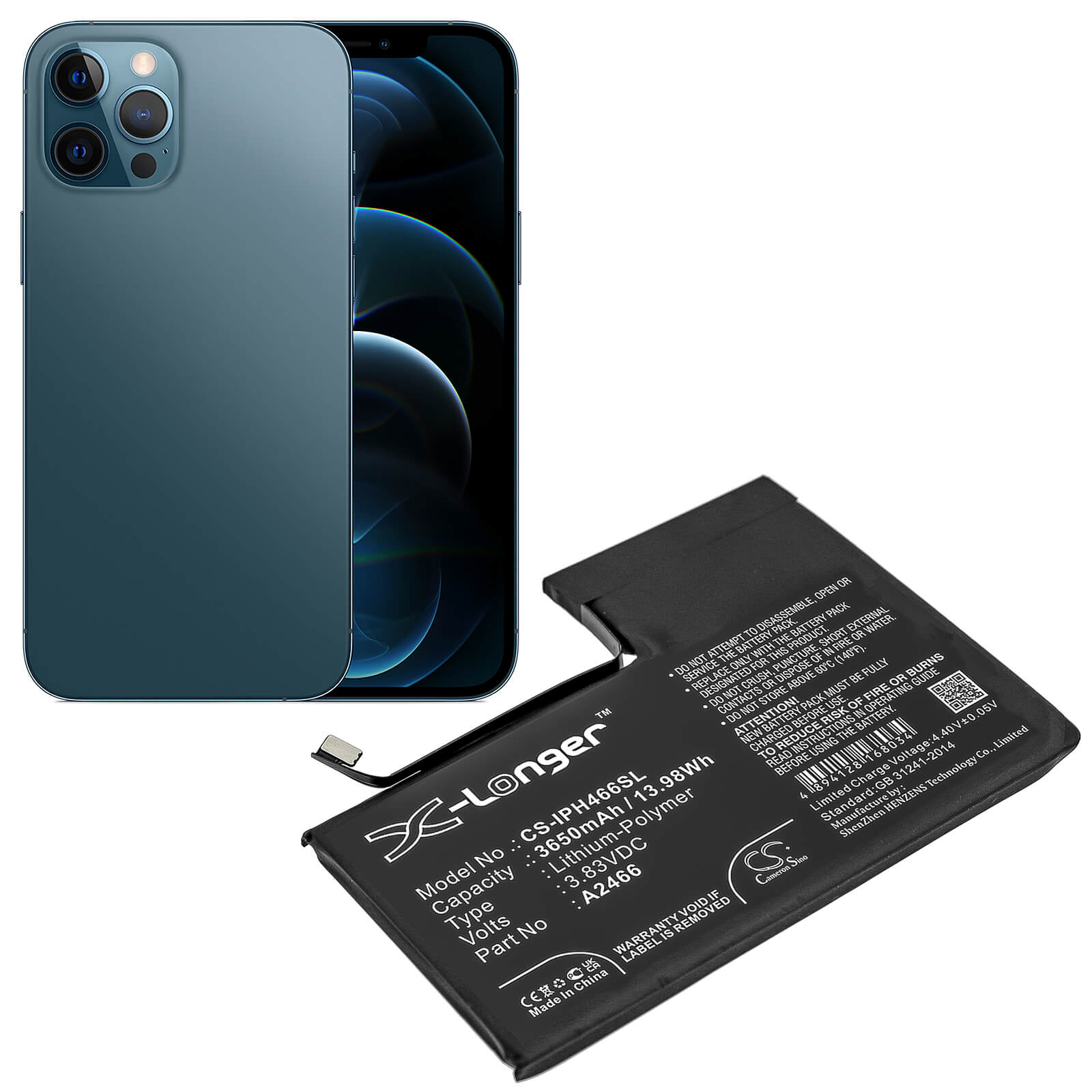 3.83V, 3650mAh, Li-Polymer Battery fits Apple, Iphone 12 Pro Max, 13.9795Wh
