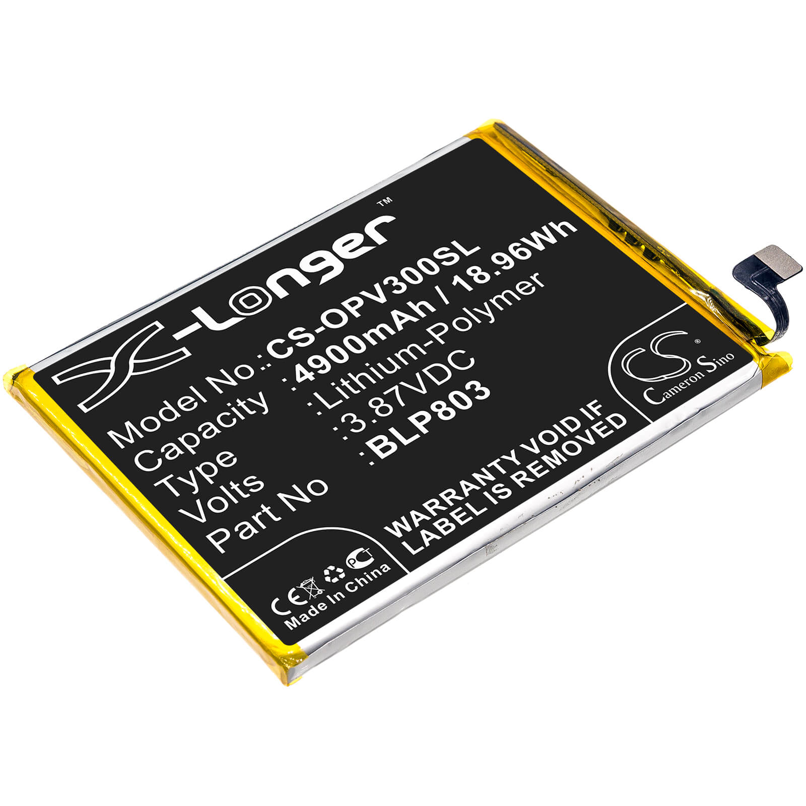 3.87V, 4900mAh, Li-Polymer Battery fits Oppo, Realme V3, 18.963Wh