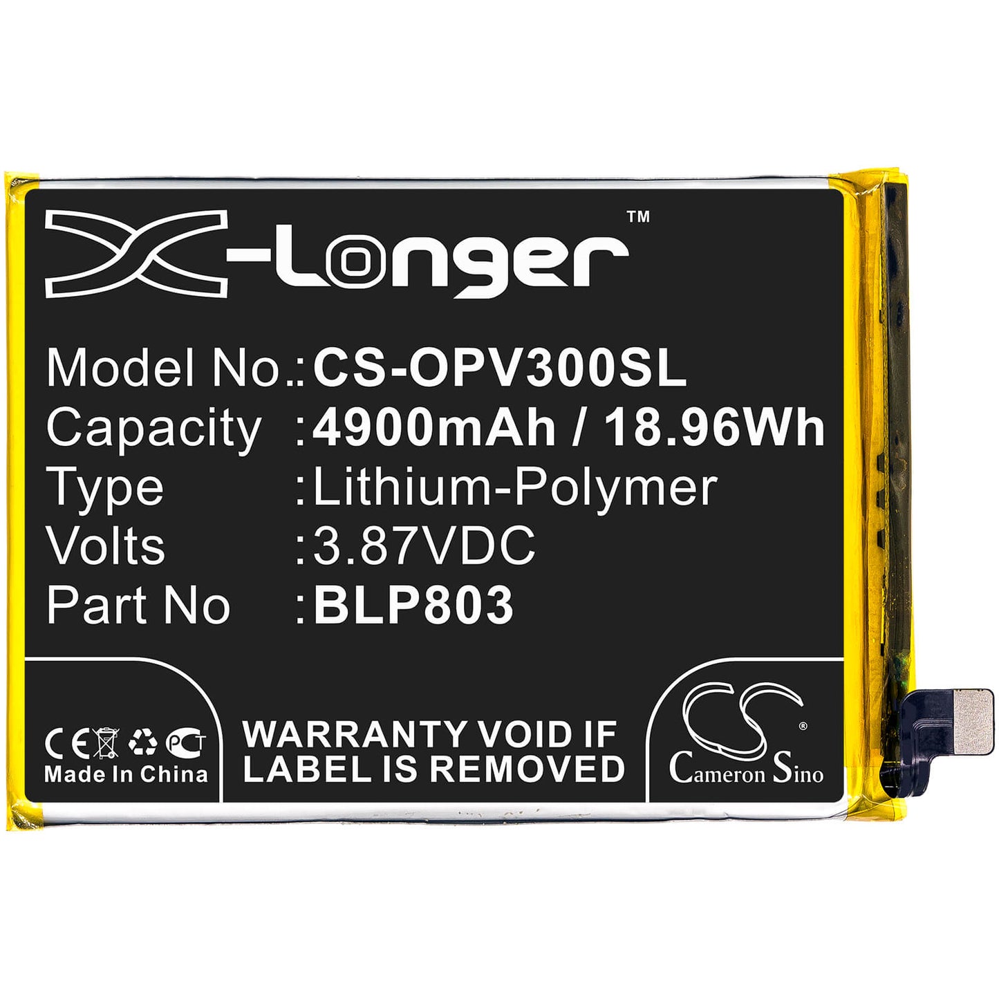 3.87V, 4900mAh, Li-Polymer Battery fits Oppo, Realme V3, 18.963Wh