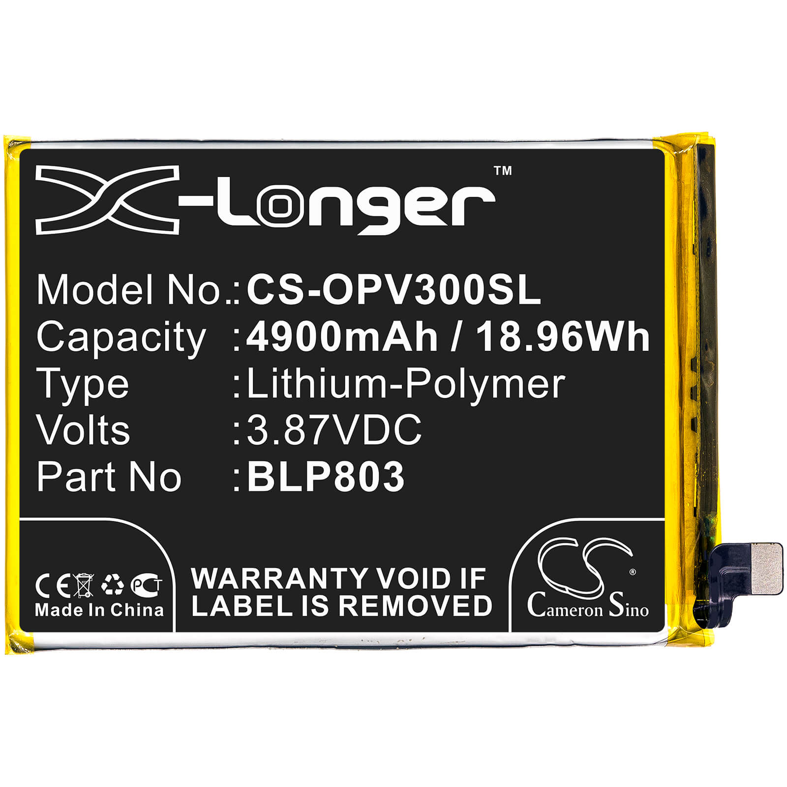 3.87V, 4900mAh, Li-Polymer Battery fits Oppo, Realme V3, 18.963Wh