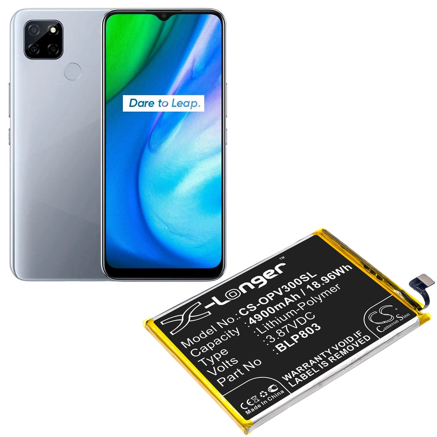 3.87V, 4900mAh, Li-Polymer Battery fits Oppo, Realme V3, 18.963Wh