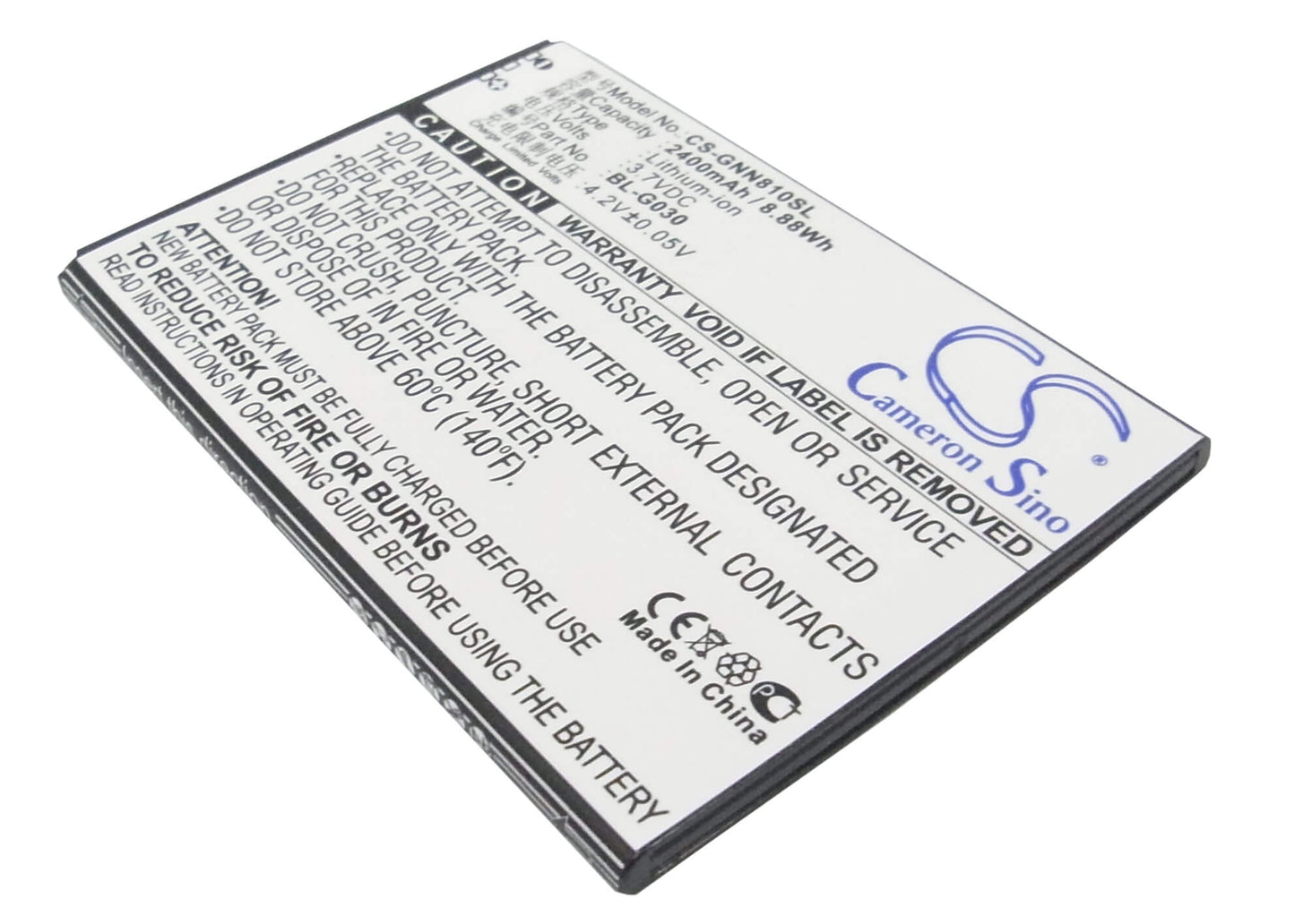 3.7V, 2400mAh, Li-ion Battery fits Gionee, Gn810, 8.88Wh