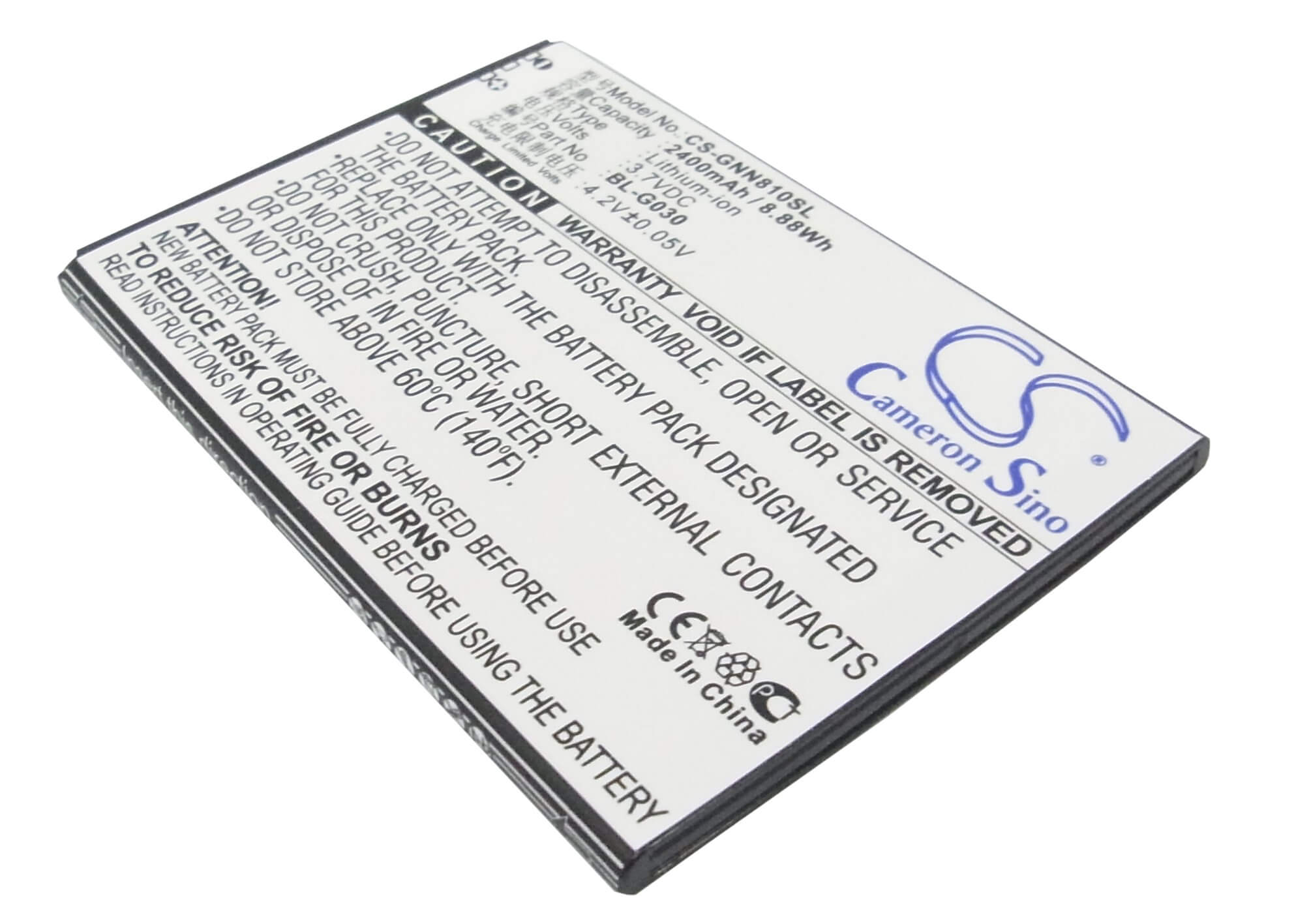 3.7V, 2400mAh, Li-ion Battery fits Gionee, Gn810, 8.88Wh