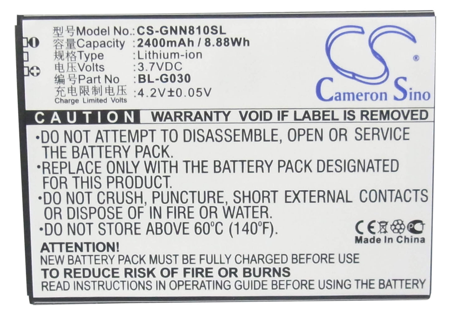 3.7V, 2400mAh, Li-ion Battery fits Gionee, Gn810, 8.88Wh