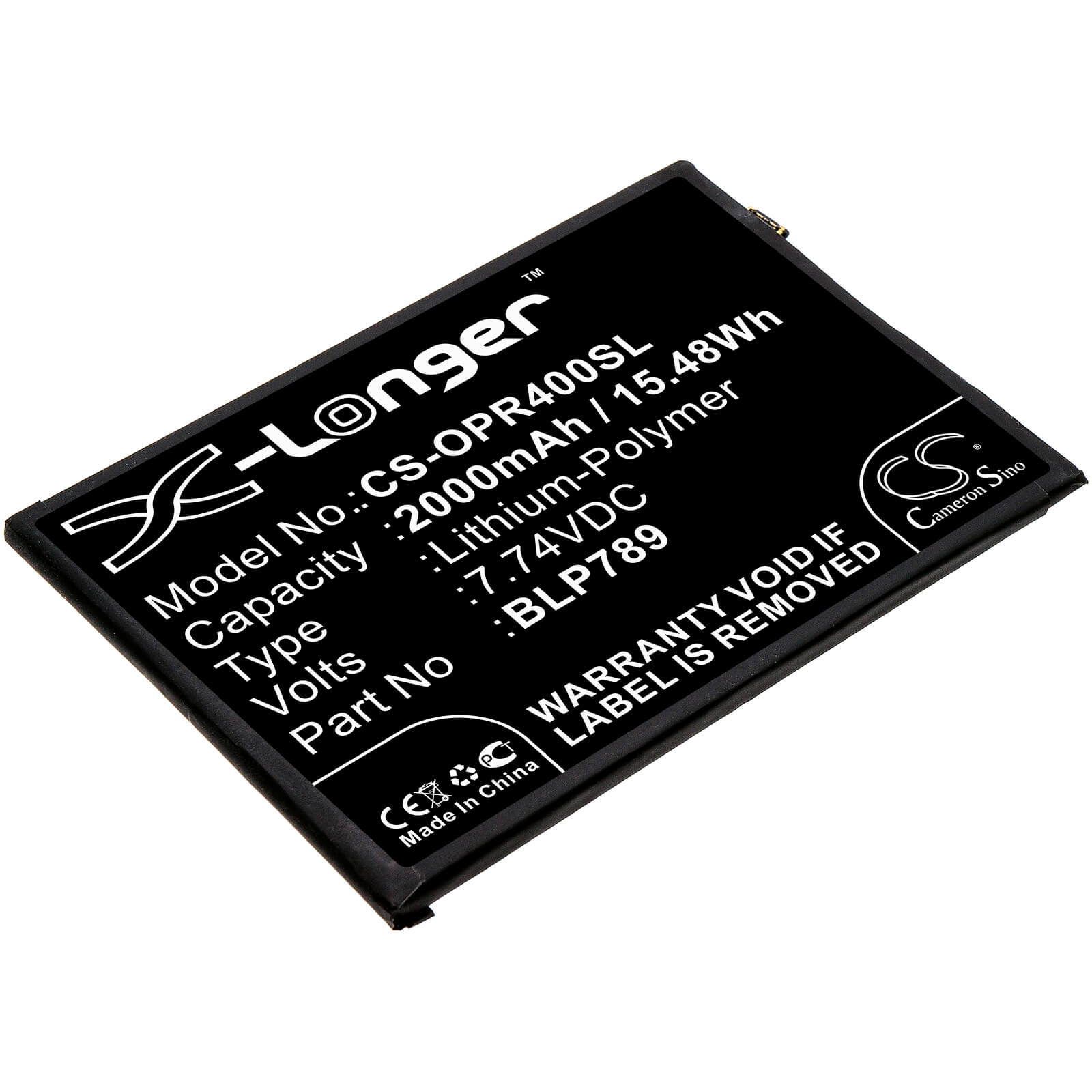 7.74V, 2000mAh, Li-Polymer Battery fits Oppo, Cph2113, Reno4 5g, 15.48Wh