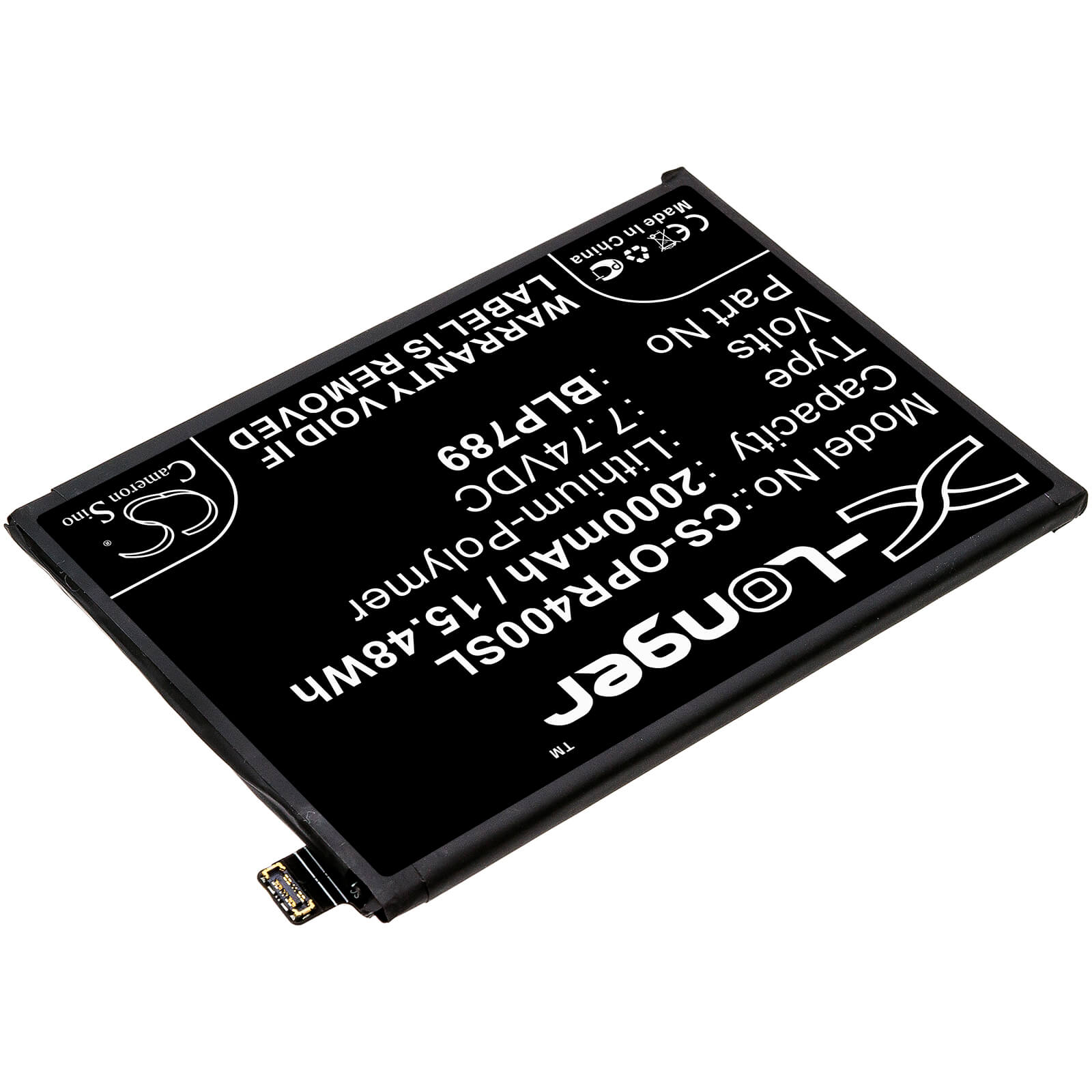 7.74V, 2000mAh, Li-Polymer Battery fits Oppo, Cph2113, Reno4 5g, 15.48Wh