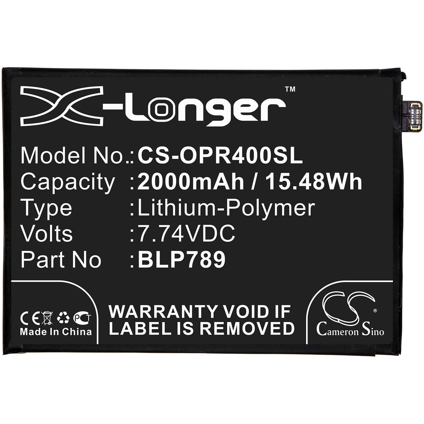 7.74V, 2000mAh, Li-Polymer Battery fits Oppo, Cph2113, Reno4 5g, 15.48Wh