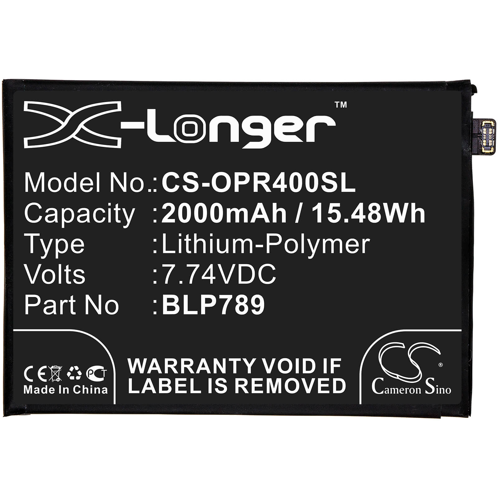 7.74V, 2000mAh, Li-Polymer Battery fits Oppo, Cph2113, Reno4 5g, 15.48Wh