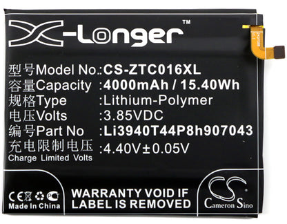 3.85V, 4000mAh, Li-Polymer Battery fits Zte, Axon 7 Max, Axon 7 Max C2017, 15.4Wh
