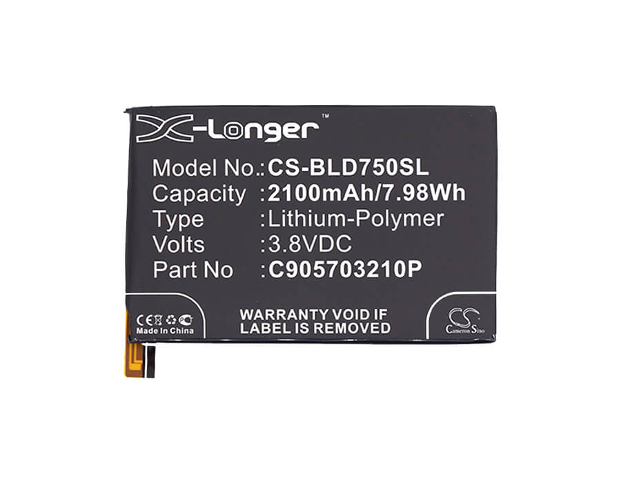 3.8V, 2100mAh, Li-Polymer Battery fits Blu, D750l, D750u, 7.98Wh