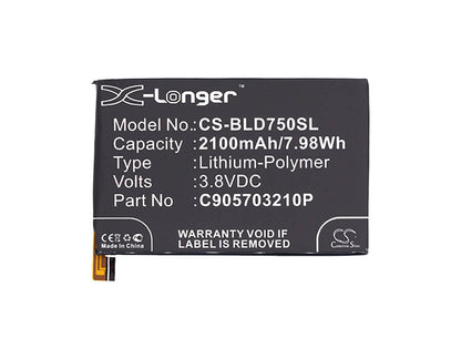 3.8V, 2100mAh, Li-Polymer Battery fits Blu, D750l, D750u, 7.98Wh