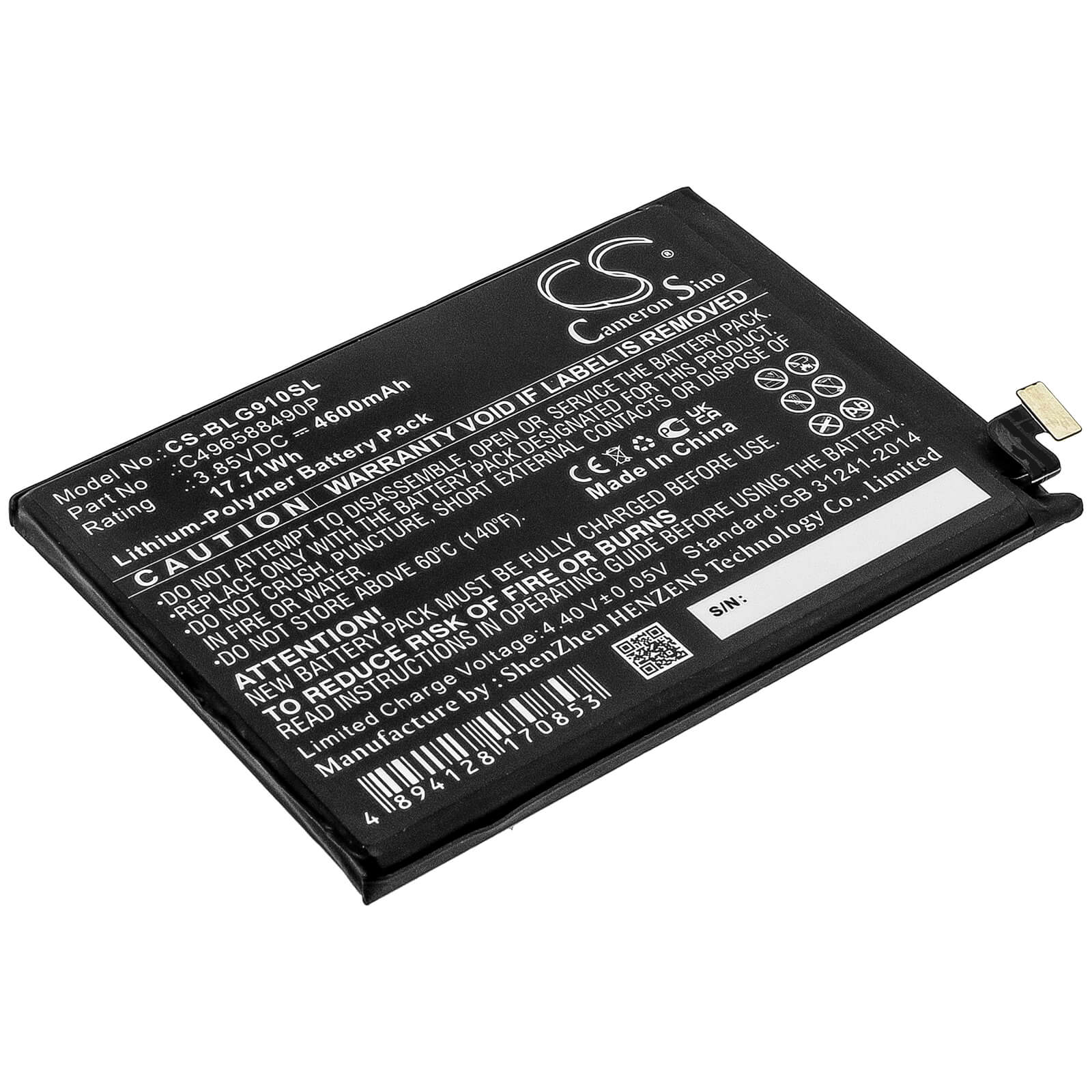 3.85V, 4600mAh, Li-Polymer Battery fits Blu, G0530ww, G91 Pro, 17.71Wh