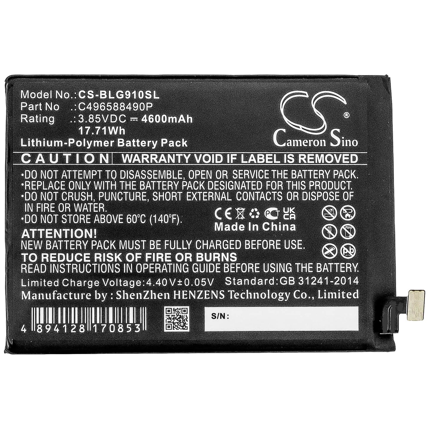 3.85V, 4600mAh, Li-Polymer Battery fits Blu, G0530ww, G91 Pro, 17.71Wh