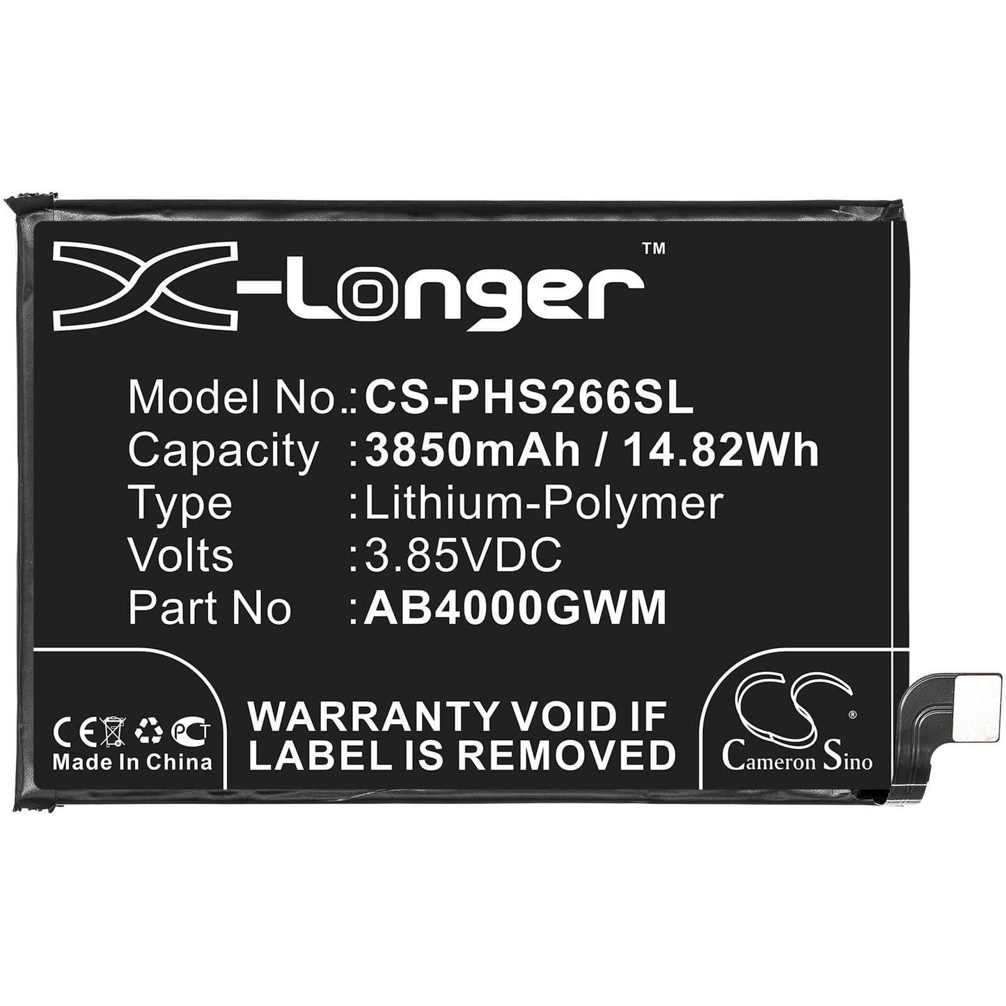 3.85V, 3850mAh, Li-Polymer Battery fits Philips, Xenium S266, 14.8225Wh