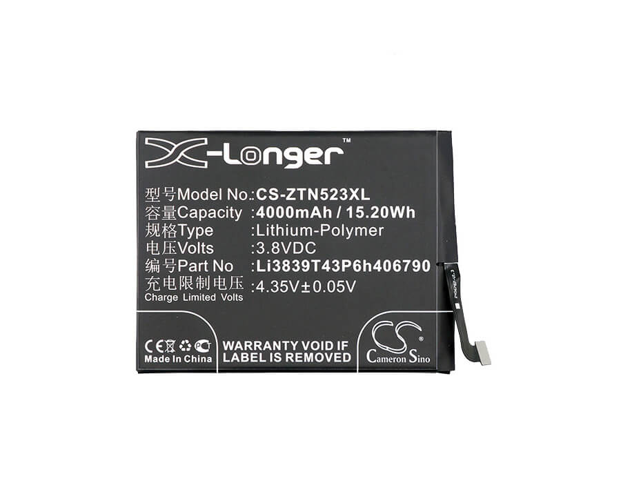3.8V, 4000mAh, Li-Polymer Battery fits Nubia, Nx523, Nx523j, 15.2Wh