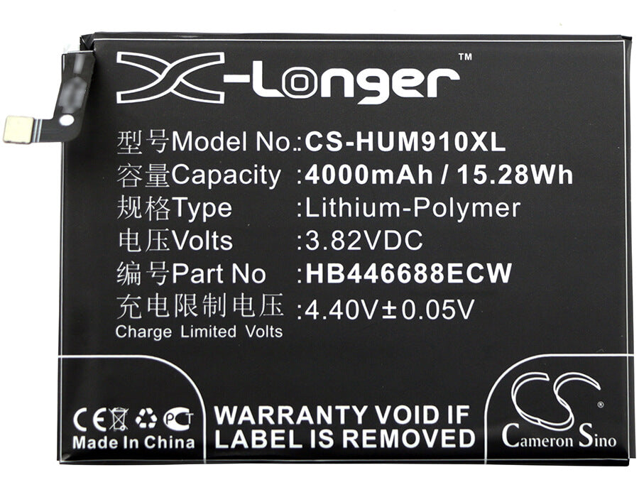 3.82V, 4000mAh, Li-Polymer Battery fits Huawei, Ascend Mate 9 Pro, Lon-al00, 15.28Wh