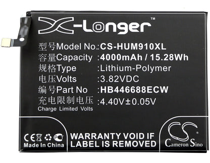 3.82V, 4000mAh, Li-Polymer Battery fits Huawei, Ascend Mate 9 Pro, Lon-al00, 15.28Wh