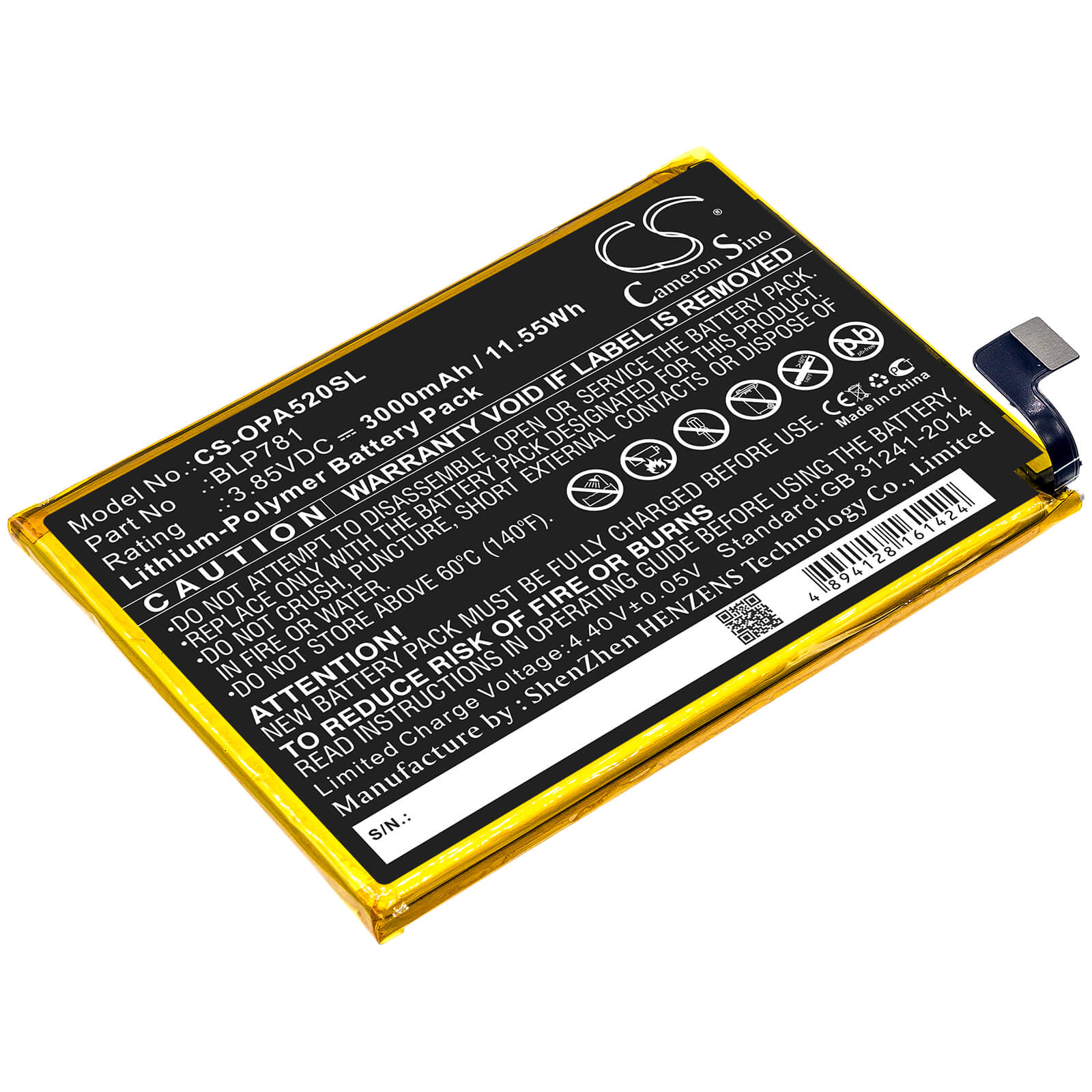 3.85V, 3000mAh, Li-Polymer Battery fits Oppo, A52, Cph2061, 11.55Wh