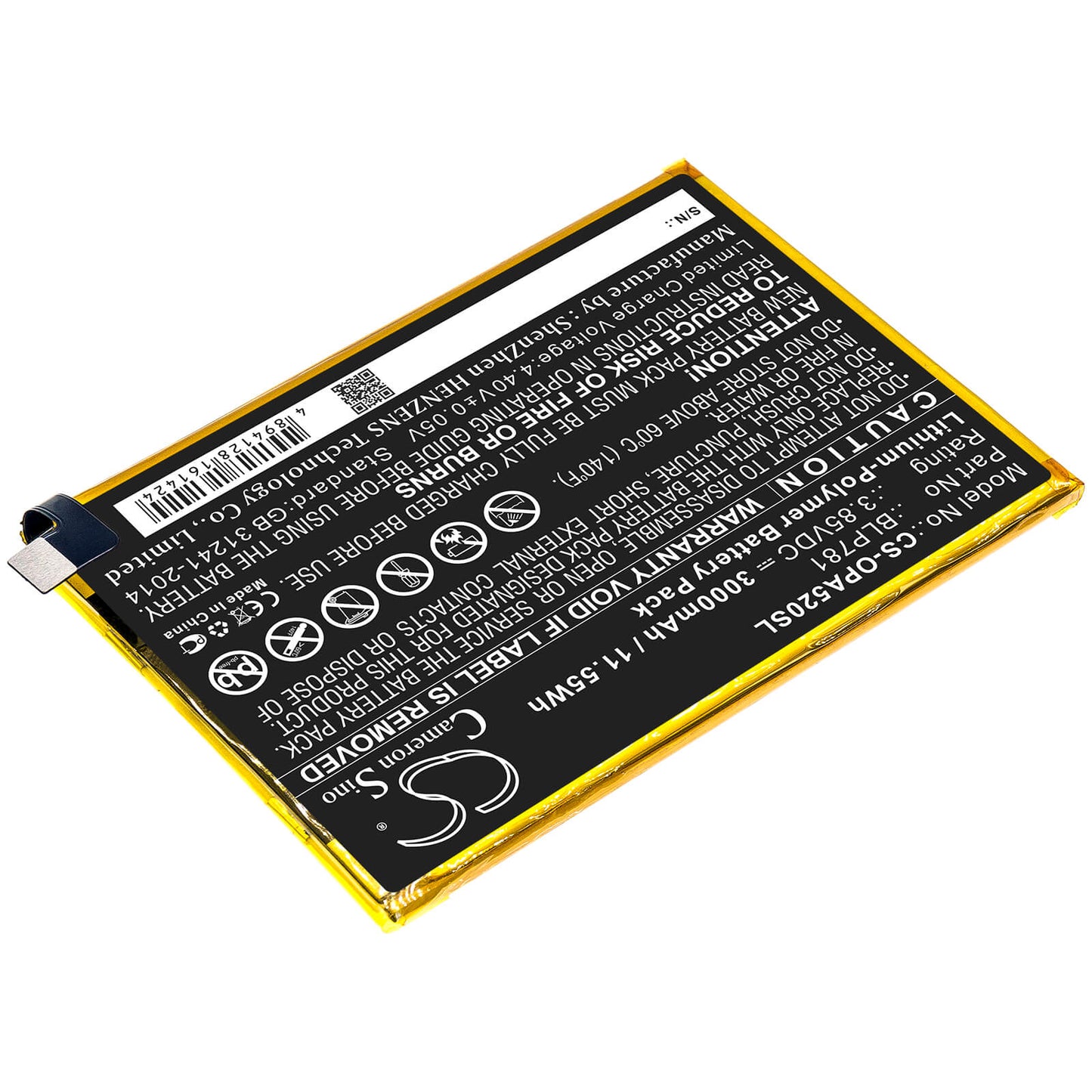 3.85V, 3000mAh, Li-Polymer Battery fits Oppo, A52, Cph2061, 11.55Wh