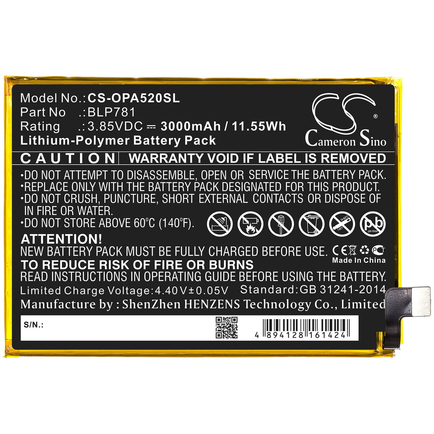 3.85V, 3000mAh, Li-Polymer Battery fits Oppo, A52, Cph2061, 11.55Wh