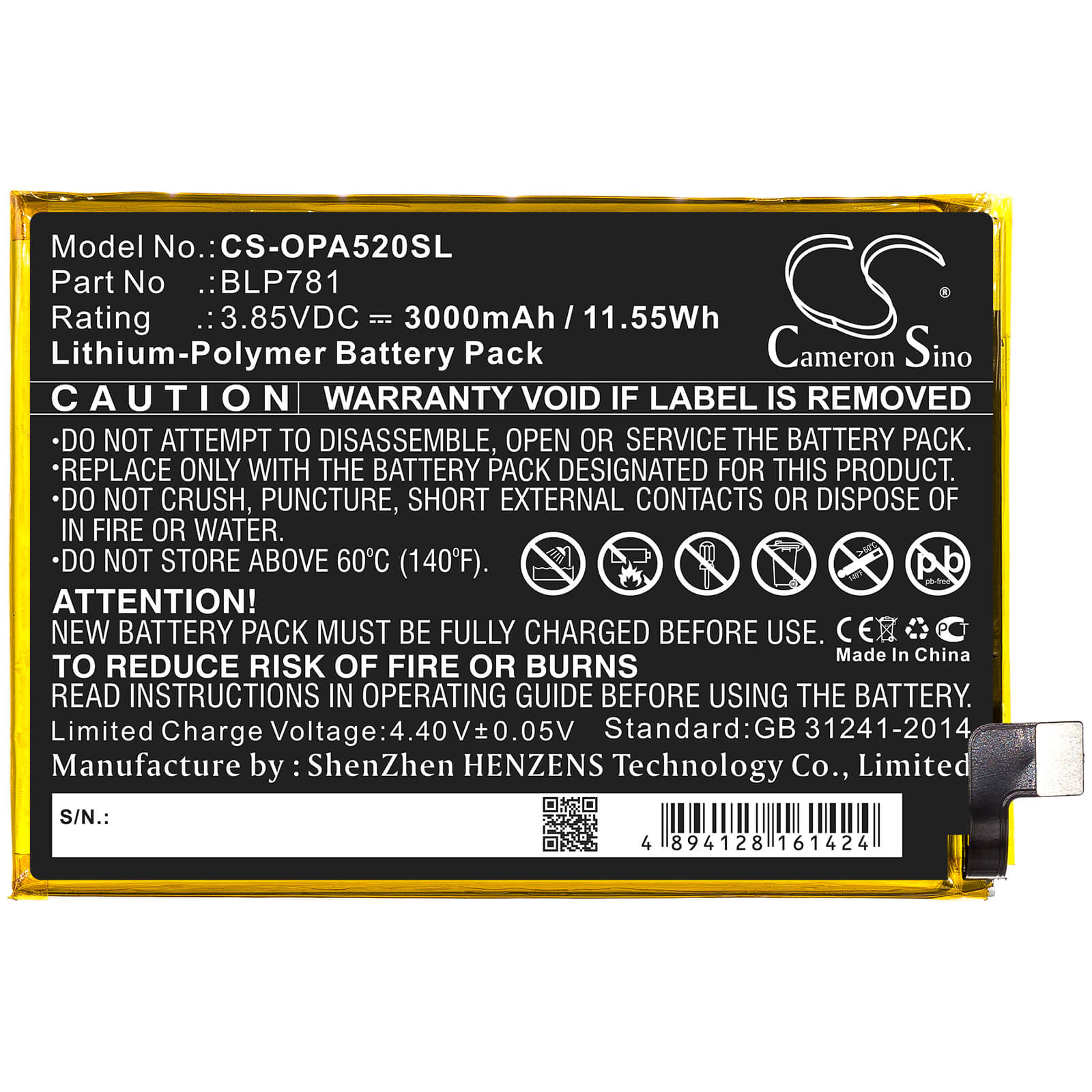 3.85V, 3000mAh, Li-Polymer Battery fits Oppo, A52, Cph2061, 11.55Wh