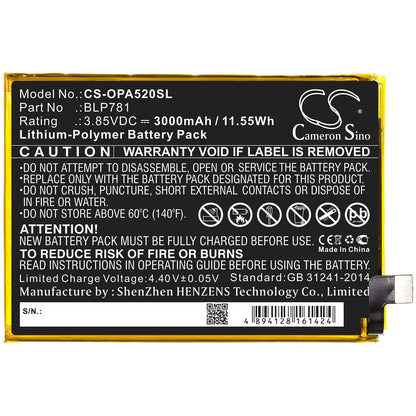 3.85V, 3000mAh, Li-Polymer Battery fits Oppo, A52, Cph2061, 11.55Wh