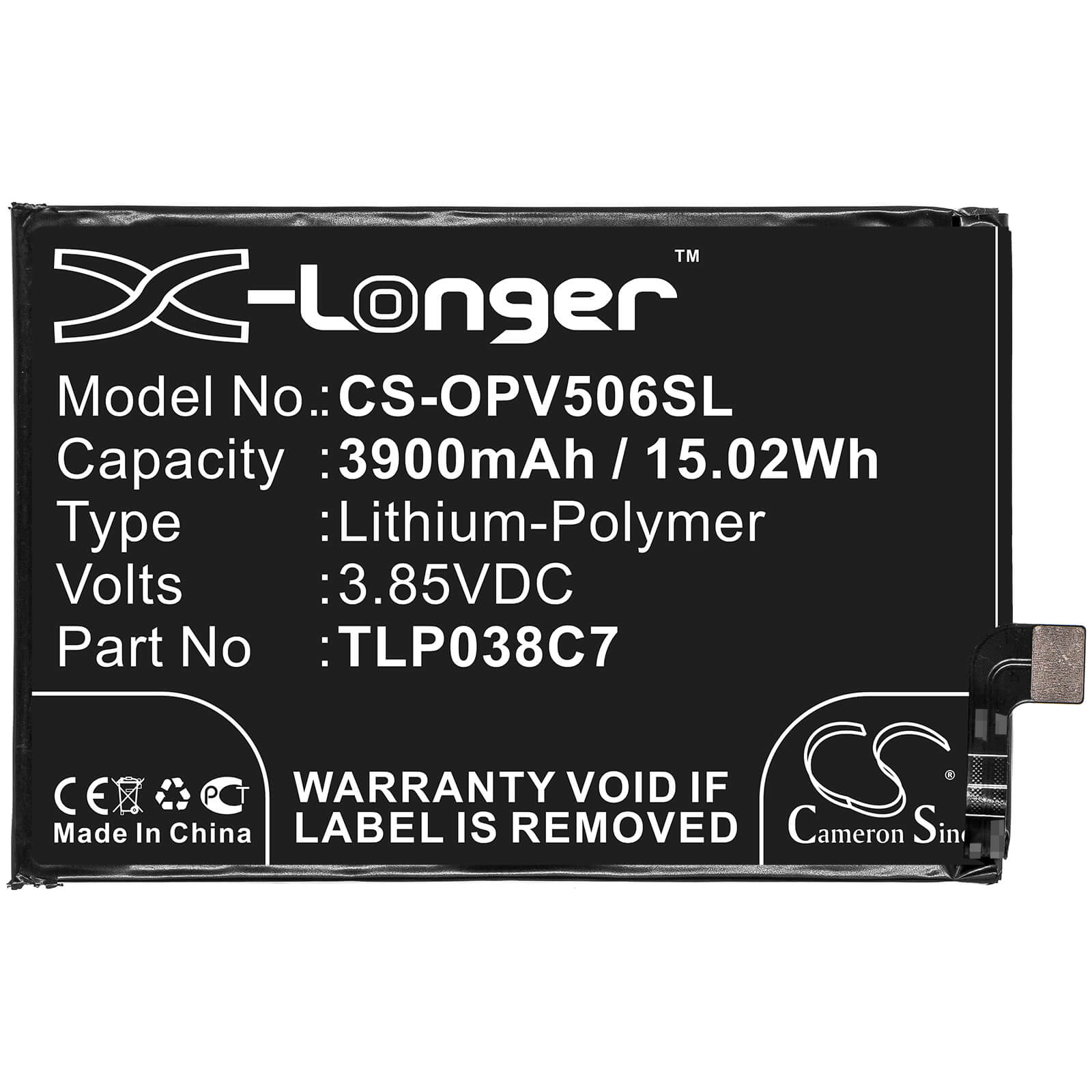 3.85V, 3900mAh, Li-Polymer Battery fits Alcatel, 5v, Ot-5060a, 15.015Wh