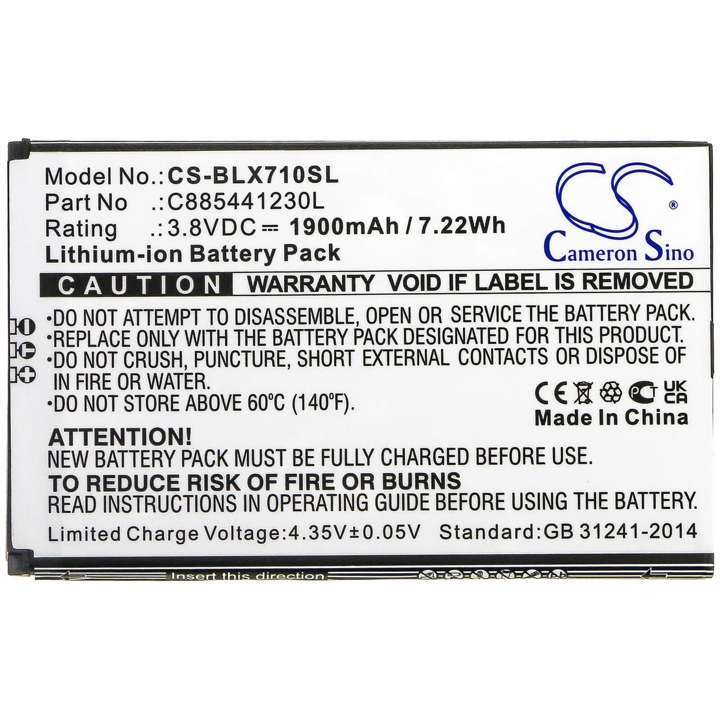 3.8V, 1900mAh, Li-ion Battery fits Blu, D710l, D710u, 7.22Wh