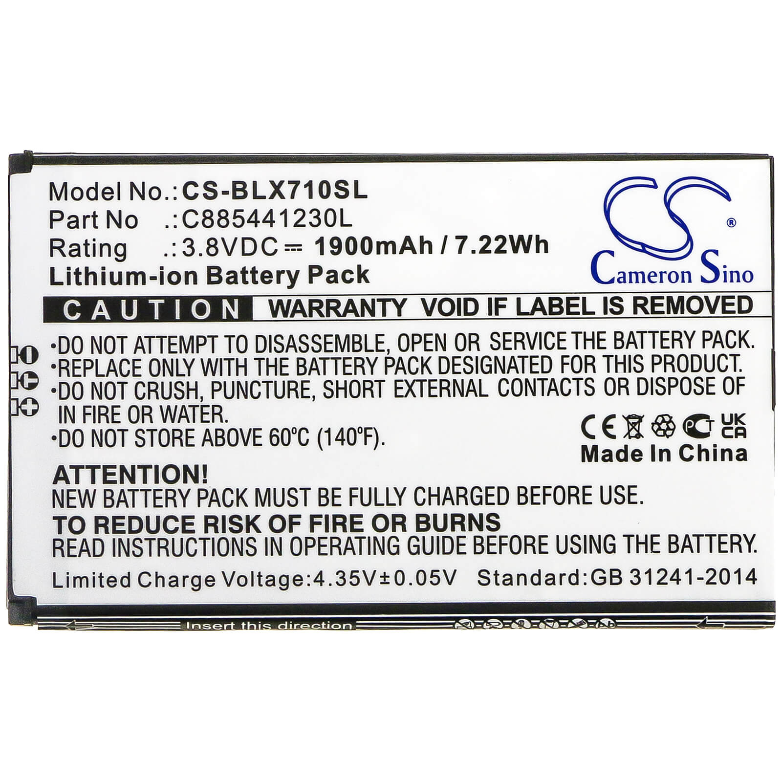 3.8V, 1900mAh, Li-ion Battery fits Blu, D710l, D710u, 7.22Wh