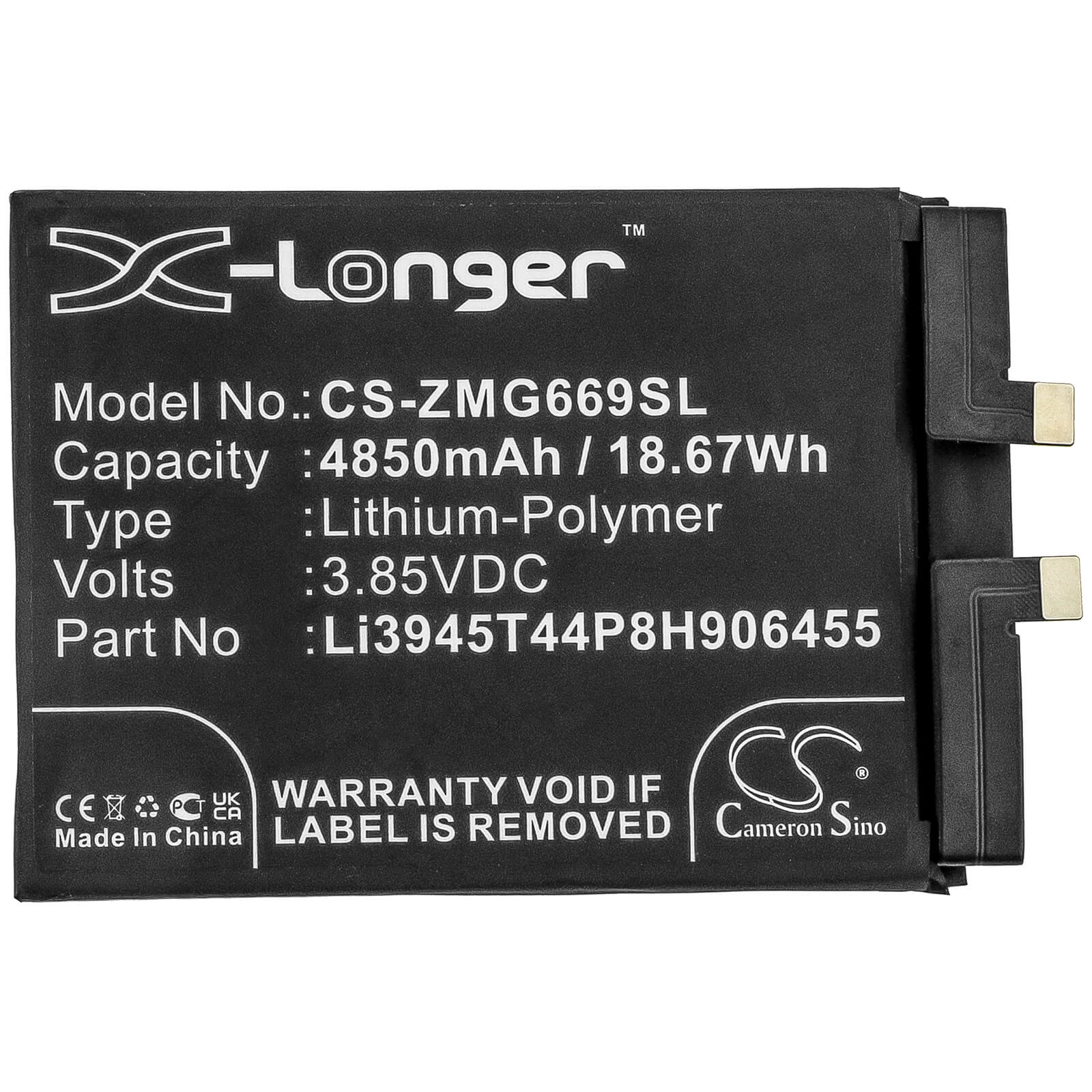 3.85V, 4850mAh, Li-Polymer Battery fits Zte, Nubia Red Magic 6, Nx669j, 18.6725Wh