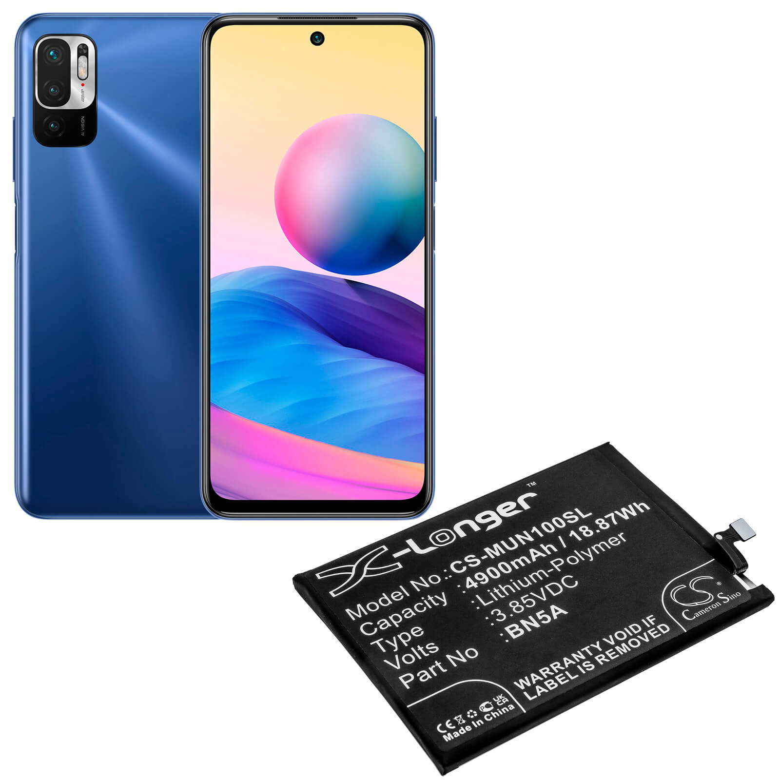 3.85V, 4900mAh, Li-Polymer Battery fits Redmi, M2103k19g, M2103k19i, 18.865Wh