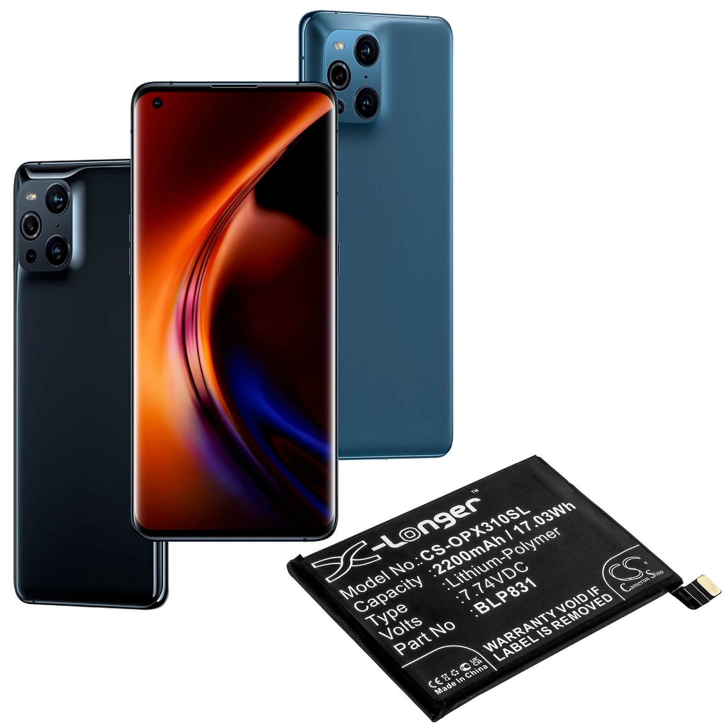 7.74V, 2200mAh, Li-Polymer Battery fits Oppo, Cph2173, Find X3 Pro, 17.028Wh