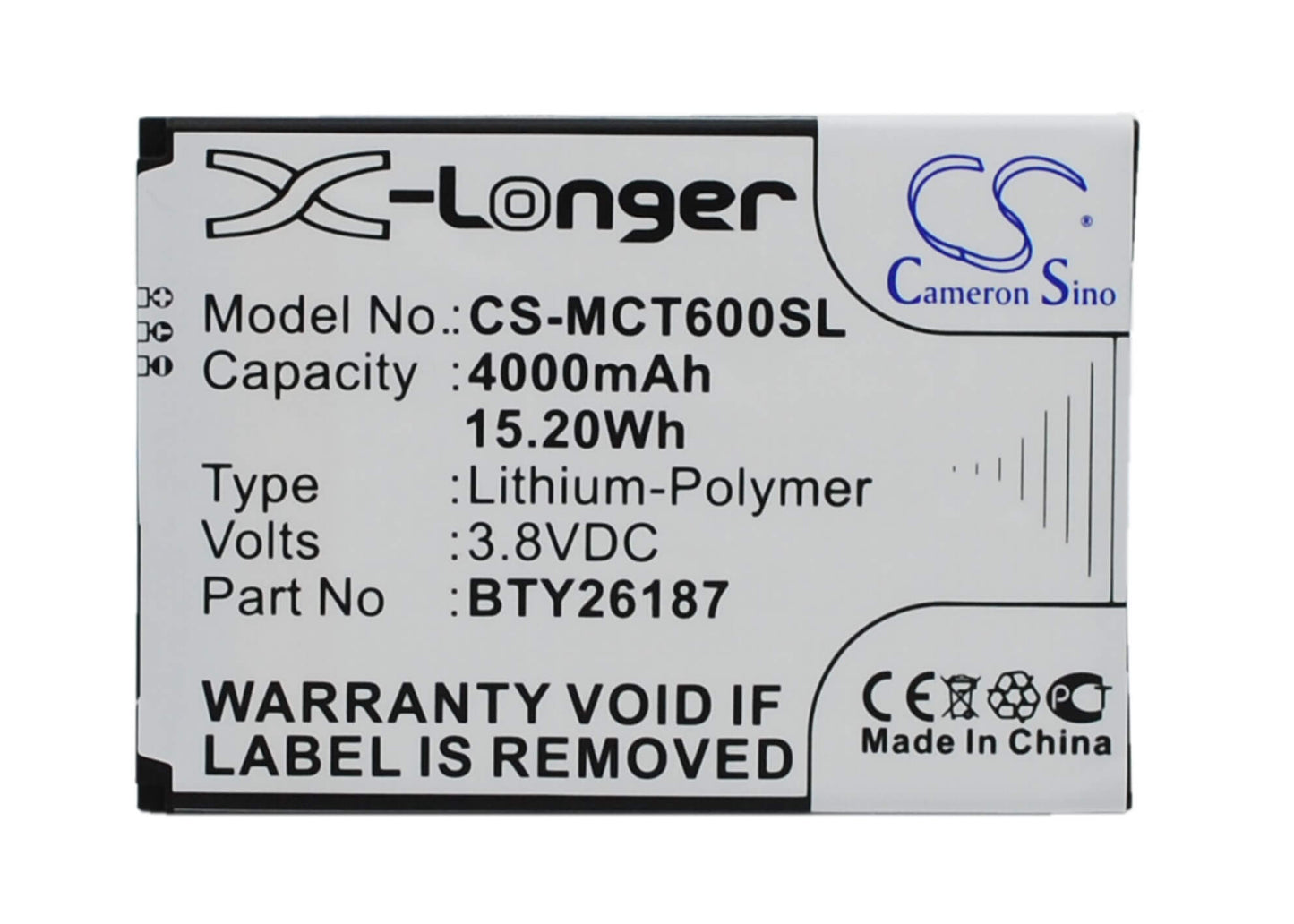 3.8V, 4000mAh, Li-Polymer Battery fits Mobistel, Cynus T6, 15.2Wh