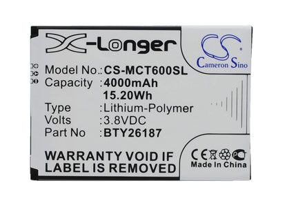 3.8V, 4000mAh, Li-Polymer Battery fits Mobistel, Cynus T6, 15.2Wh