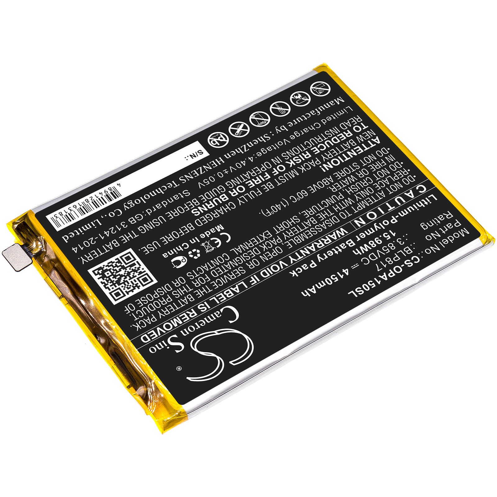 3.85V, 4150mAh, Li-Polymer Battery fits Oppo, A15, A15 2020, 15.9775Wh
