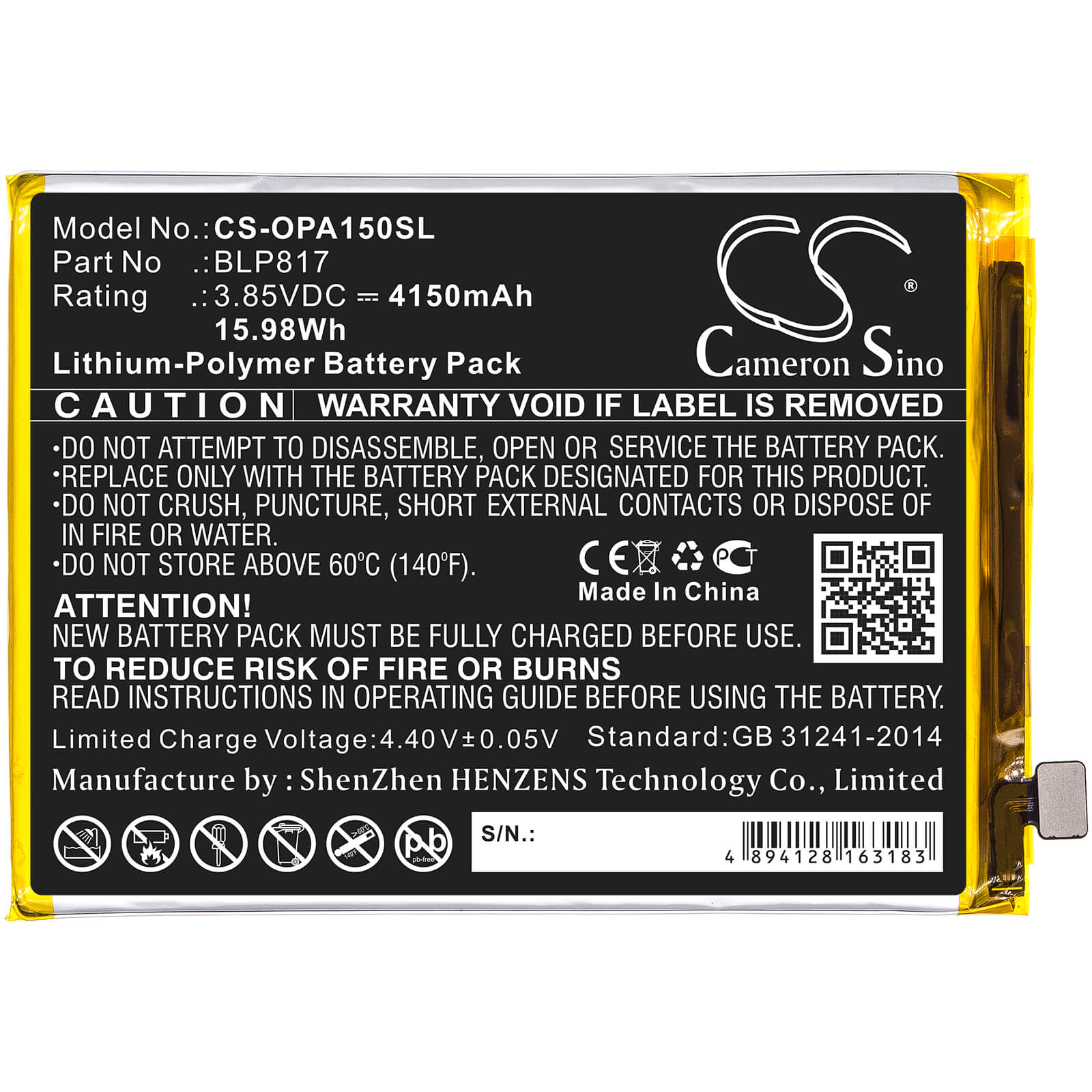 3.85V, 4150mAh, Li-Polymer Battery fits Oppo, A15, A15 2020, 15.9775Wh