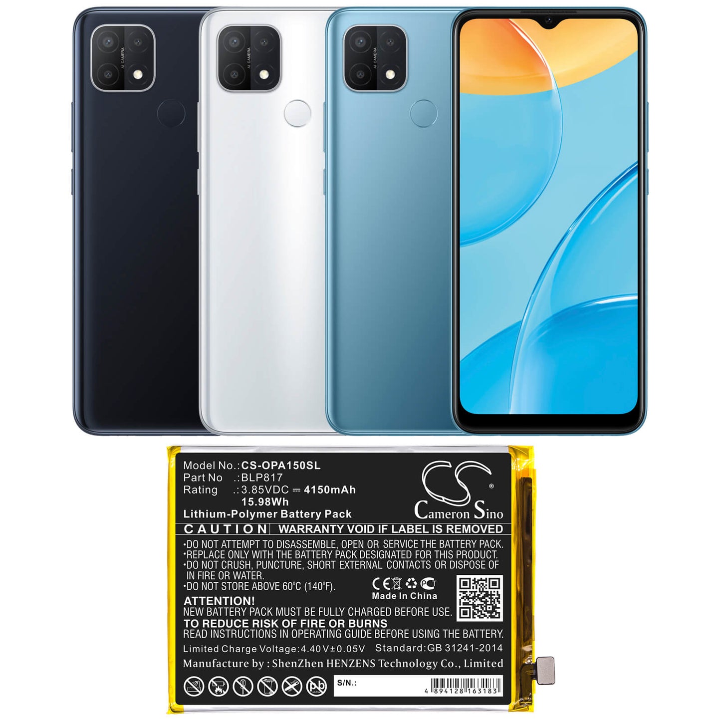 3.85V, 4150mAh, Li-Polymer Battery fits Oppo, A15, A15 2020, 15.9775Wh